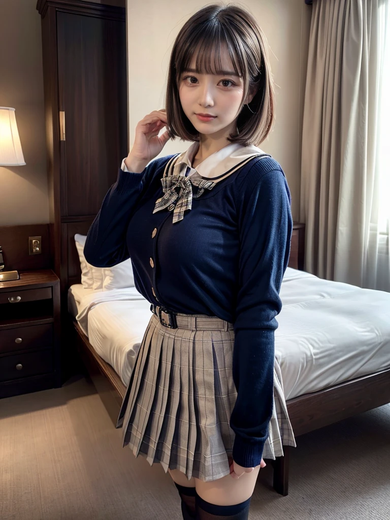 muster piece, best quality, illustration, Super detailed, fine details, High resolution, 8K,wall paper, perfect dynamic composition,(Details High quality, realistic depiction of eyes:1.3), (2 girls), from side, High School Classroom、High school girl uniform、blazer 、Super Short Check Uniform Skirt、Navy blue high socks、garterbelts、Colossal tits、Disturbed uniform,  short bob hair, black hair color, huge breasts, Big Natural Color Lip, bold sexy pose, (perfect body shape), crying a little、cold gaze, 20 year old girl、 beautiful legs, hposing Gravure Idol, Voluptuous thighs, ((Realistic lighting,during daytime,The background is a luxury hotel room,A detailed face,finerly detailed face,Beautiful face,an ecstatic look on one's face,Perfect fingers,Accurate 5 fingers,high-definition RAW color photography, professional photograpy, extremely delicate and beautiful, Extremely detailed,finely detail, Huge file size,Top image quality,8K))