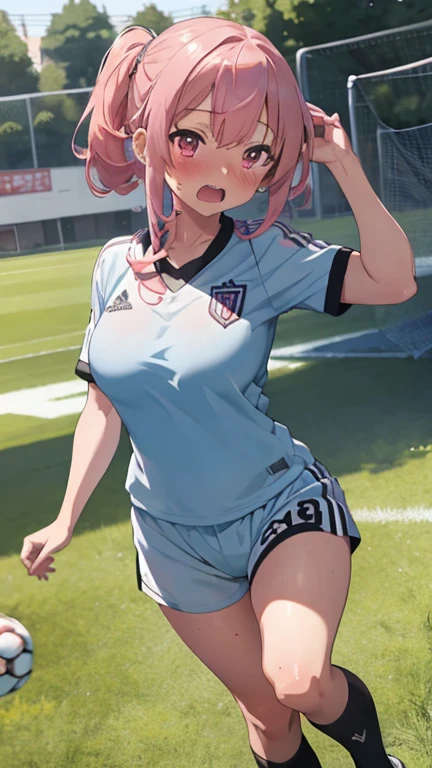 mastute piece,Best Quality,insanely detailed,8k cg,nsfw,
shoot upper body,(body in front:1.1),
1girl,standing,looking at viewer,(Soccer uniforms),
break,blush,shy,(trembling:1.2),pink hair,(large breasts:1.2),(open mouth:0.9),(Soccer field),