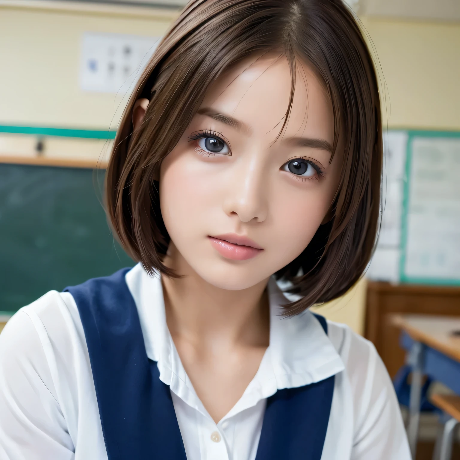 ((masterpiece, highest quality, High resolution)), 1 girl, (Realistic: 1.4), ************, Beautiful Hair, Bob, Sailor suit, School classroom