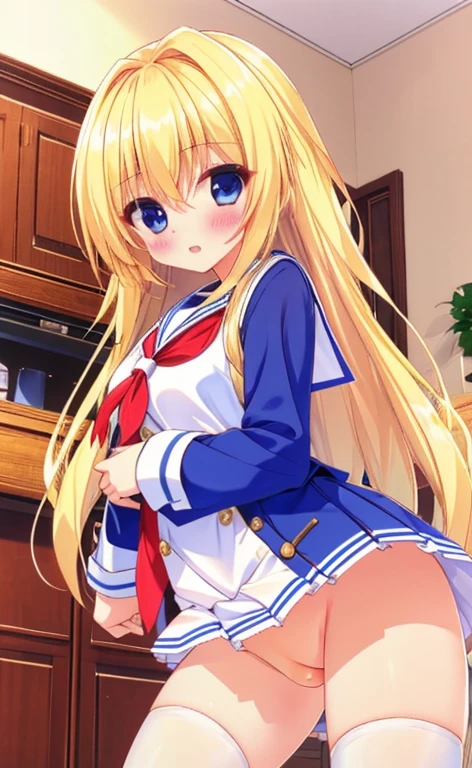 Beautiful long blonde Embarrassing A girl wearing a long-sleeved sailor suit Pleated skirt mini skirt No underwear front view hold girl down doggystyle 1boy, 1girl, penis