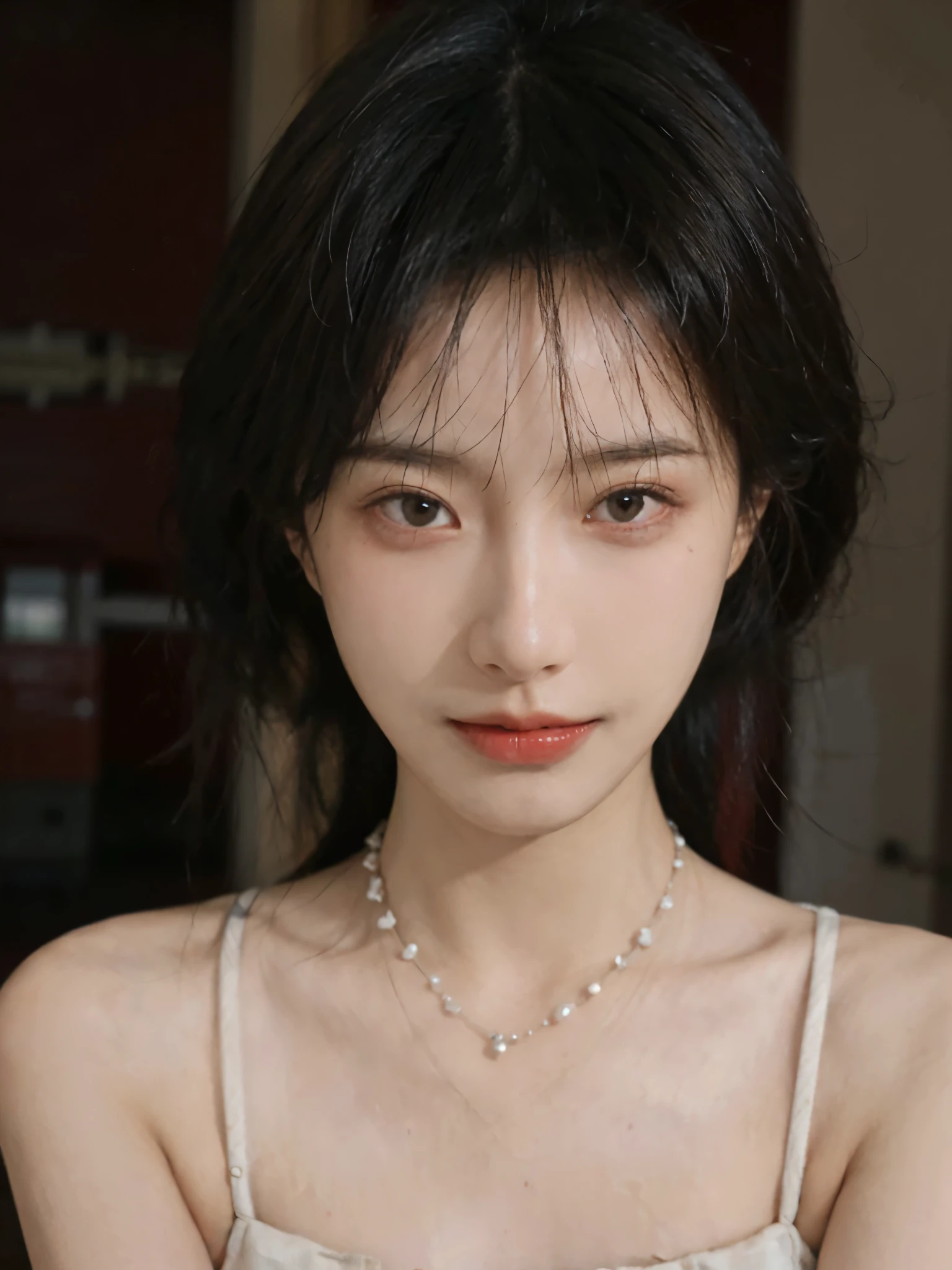 Film portrait photography, 1 girl, bare shoulders,lipstick,(flat chest:1.4), wear necklace,Cute expression,Exquisite makeup,Red suspenders,serene, calm, (Realistic and detailed eyes, natural skin texture, Realistic facial details), Soft dramatic lighting, depth of field, Bokeh, Vibrant details, Detailed and detailed, surreal, 35mm film, hazy, ,