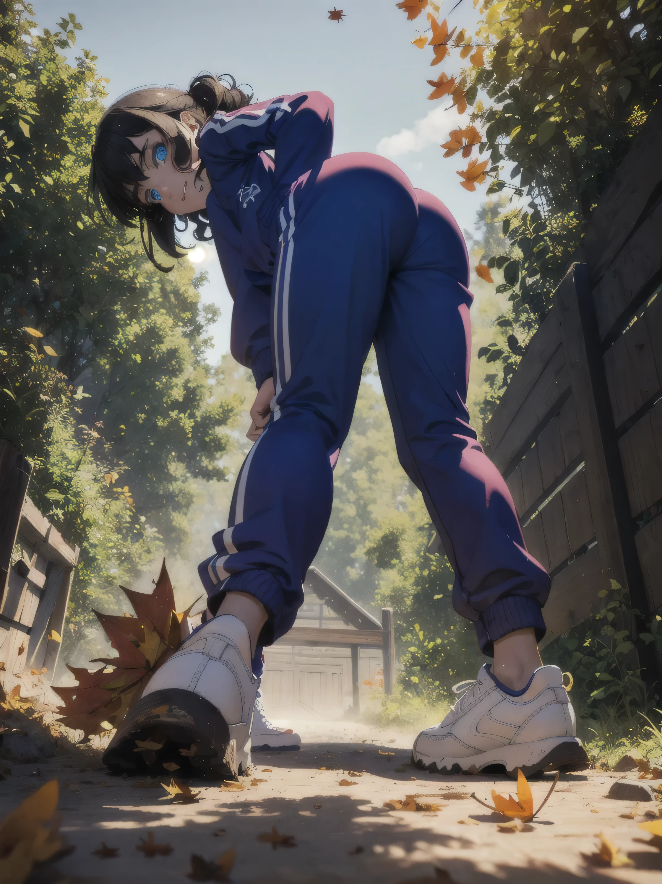 1girl,  angry,  curly hair, looking at viewer,(beautiful detailed blue eyes), (Persona:1.2),,  spread legs,(amagi_yukiko), squatting, (over size Colorful track suit pants),(), line off, smile, (((highlight in eyes))), (((small mat))), (((Narrow gravel road))), (thick outline), Mud road, ((Crouch on a muddy doormat)), (glowing eyes), ((Arch your back)), (from below:1.5), long weeds, (from behind:1.3), blue sky, (A girl stepping on fallen leaves:1.6), (A large amount of fallen leaves stuck to the soles of shoes:1.3),(3D:1.3), sneakers