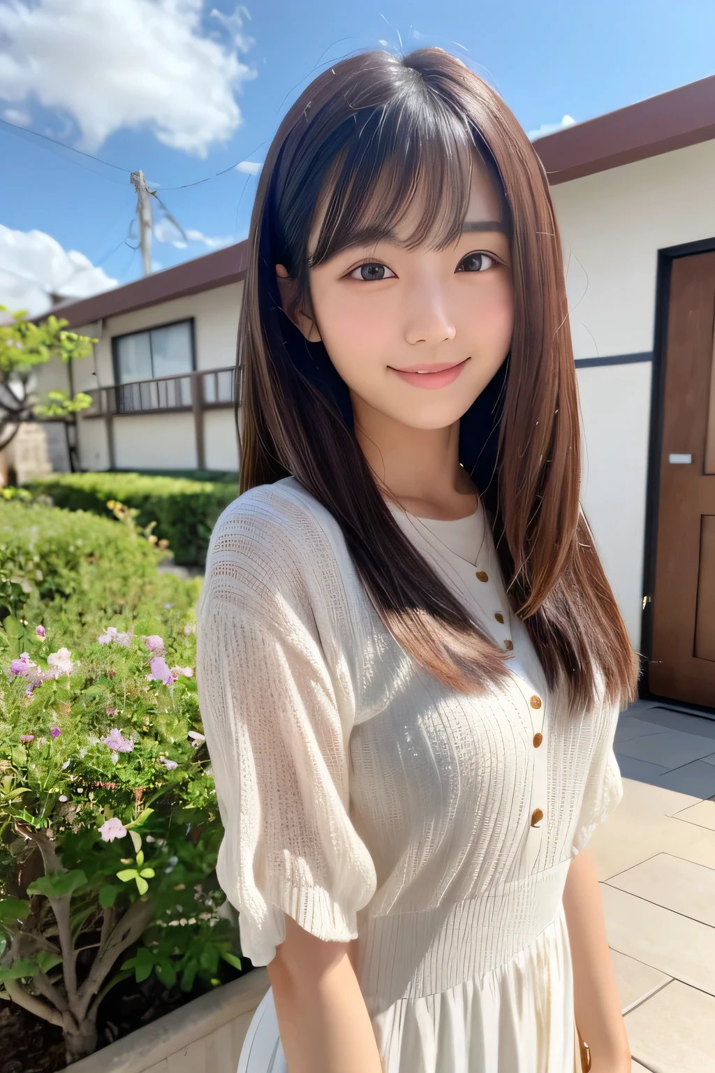 Produce the highest quality and highest resolution 8K images。The model is a 20-year-old Japanese woman.。The image depicts her posing and smiling for the camera.。She has brown eyes and a model figure.、She has an idol-level cute face.。The hair is long。Skin has a healthy color。Clothes、6Dressed for the month。