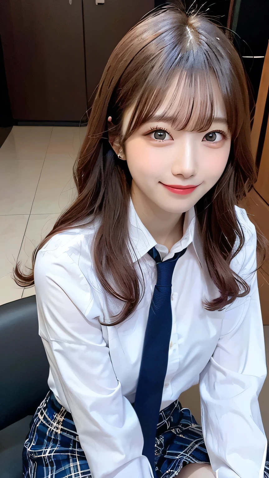 One Girl, Hoshino (Blue Archive), alone, Heterochromia iridis, Pink Hair, skirt, Long Hair, tie, Ahoge, shirt, Hello, Plaid skirt, blue eyes, Plaid, Big Breasts,Show Viewer, white shirt, Sitting, Orange eyes, chest Harness, Harness, Long sleeve, ID card, Open your mouth, very Long Hair, collared shirt, smile, blue tie, bangs, Between the legs, hand Between the legs, blush, Hair between the eyes, High resolution,masterpiece, highest quality