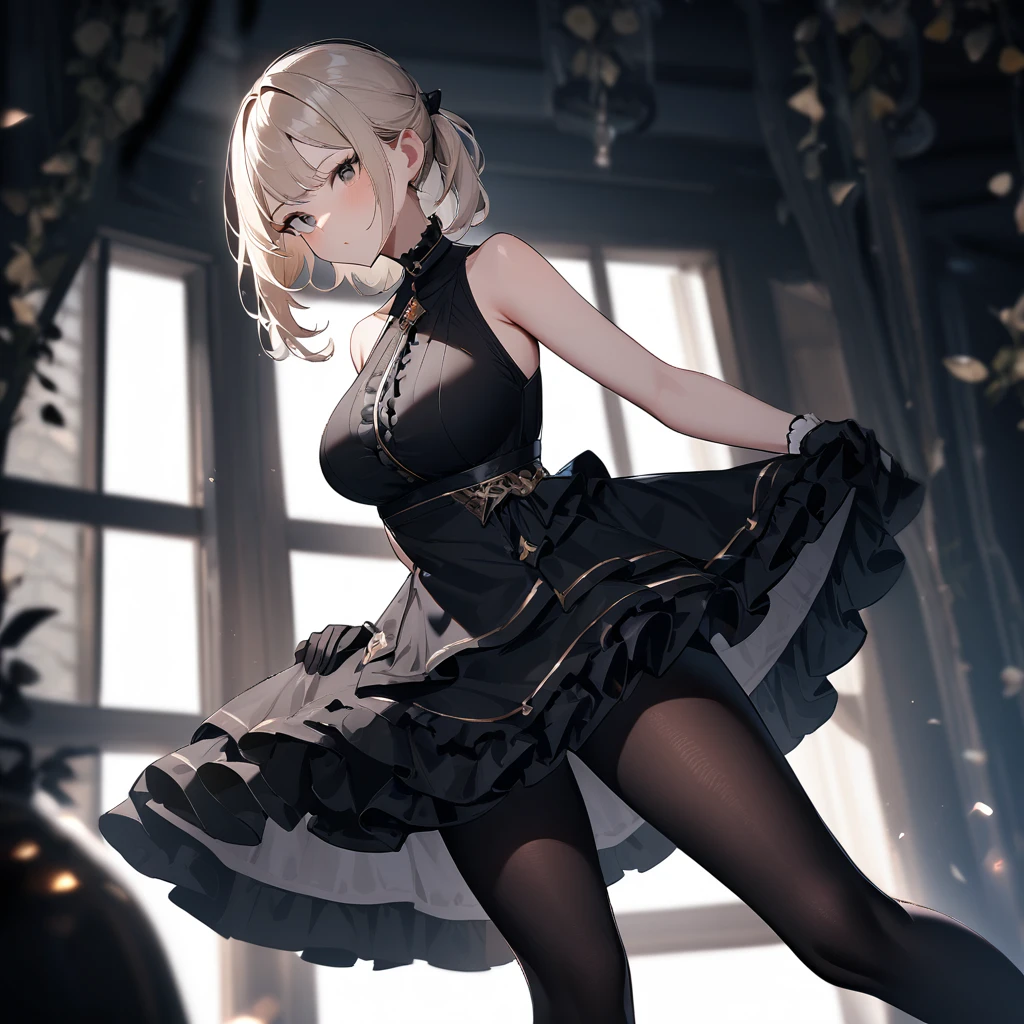 1 girl,best quality, very aesthetic,absurdres,looking at viewer,front view,Lovely lady,,skirt lift,high-grade,layer,westfrill,light hair,multilayer,blackcolor,trim,(side-Crisscross),breasts,upscale,Layered,yellow pale,blackglove,pantyhose,lovely,all black,Sleeveless,open stance,curtsey,impossible_clothes,half up,blouse,spread out,uphair,(saturation)