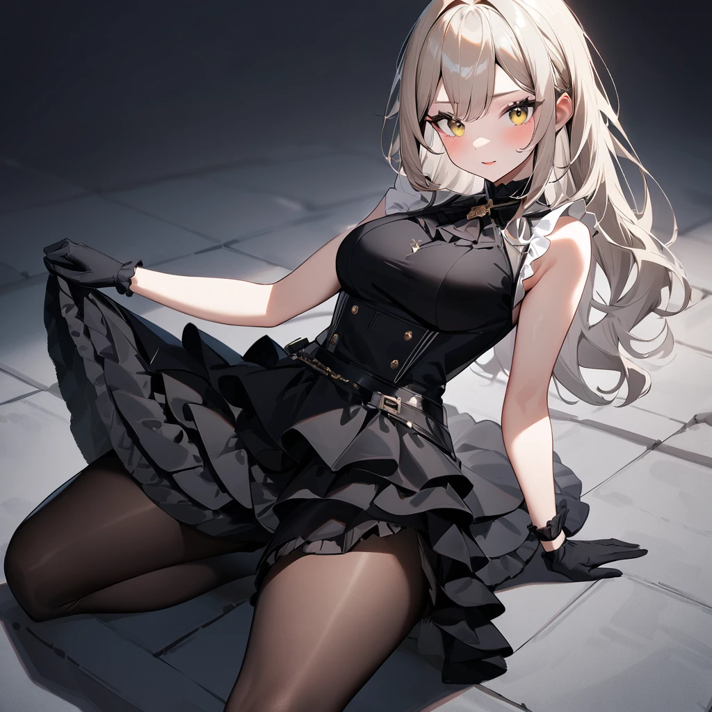 1 girl,best quality, very aesthetic,absurdres,looking at viewer,front view,Lovely lady,,skirt lift,high-grade,layer,westfrill,light hair,multilayer,blackcolor,trim,(side-Crisscross),breasts,upscale,Layered,yellow pale,blackglove,pantyhose,lovely,all black,Sleeveless,open stance,curtsey,impossible_clothes,half up,blouse,spread out,uphair,(saturation)
