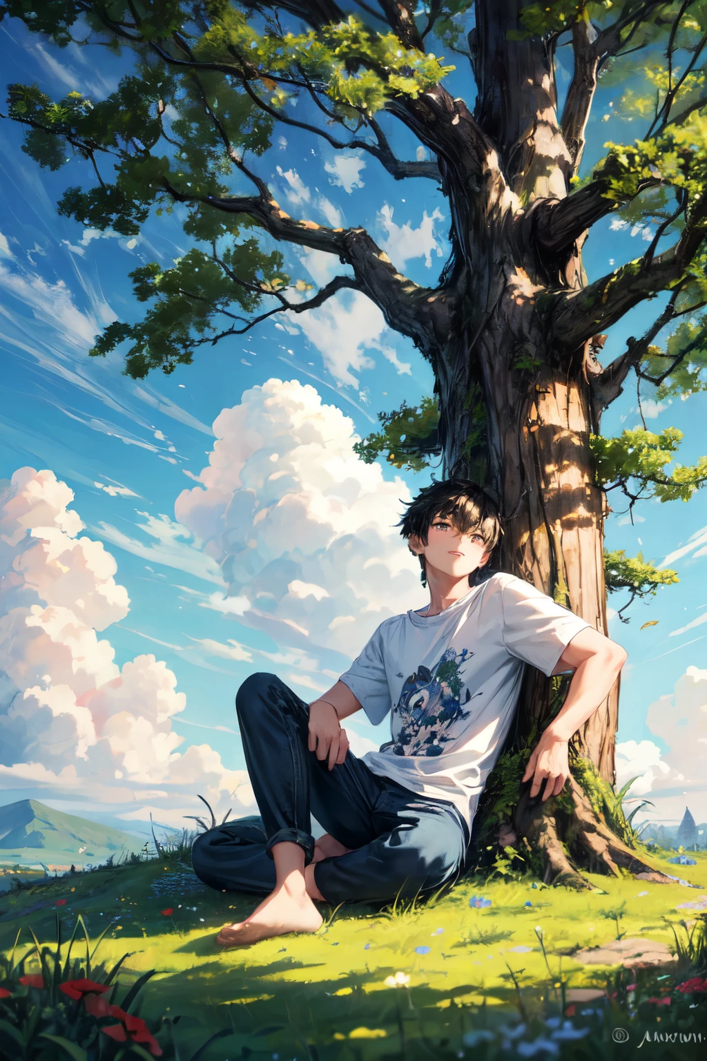 ((best quality)), ((masterpiece)), (detailed), Generate a serene, picturesque scene featuring a cute boy leaning casually against a tree. The boy has a friendly and gentle expression, with short, neatly styled hair and wearing casual, comfortable clothing such as a t-shirt and jeans and shoe. He is in the middle of a lush, green natural landscape, with vibrant grass and scattered wildflowers around him. The tree he is leaning against has a sturdy trunk and a full canopy of green leaves. The sky above is a clear, bright blue with a few fluffy white clouds drifting by. The overall atmosphere is peaceful and cheerful, capturing the beauty and tranquility of nature on a sunny day.