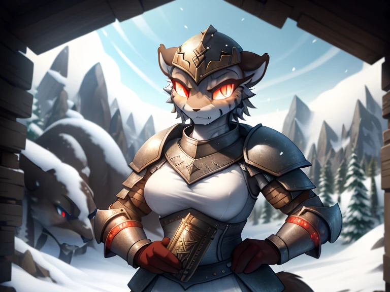 ((angry anthro snow leopard female wearing epic viking armor with runes and a helmet )), (red glowing eyes) ,RAW photo, (epic ice Jotunheim landscape),(fighting ice giant) masterpiece, Nordic, smoke, best quality, dynamic pos, ultra detailed, metal plates, rust, full bodyt, light trail, dramatic lighting, red tone, short_hair, Photorealistic, Hyperrealistic, Hyperdetailed, analog style,soft lighting, subsurface scattering, realistic, heavy shadow, masterpiece, best quality, ultra realistic, 8k, High Detail, film photography, soft focus, (closeup to face), high quality photography, 3 point lighting, flash with softbox, 4k, Canon EOS R3, hdr, smooth, sharp focus, high resolution, award winning photo, 80mm, f2.8, bokeh , detailed, realistic, 8k uhd, high quality