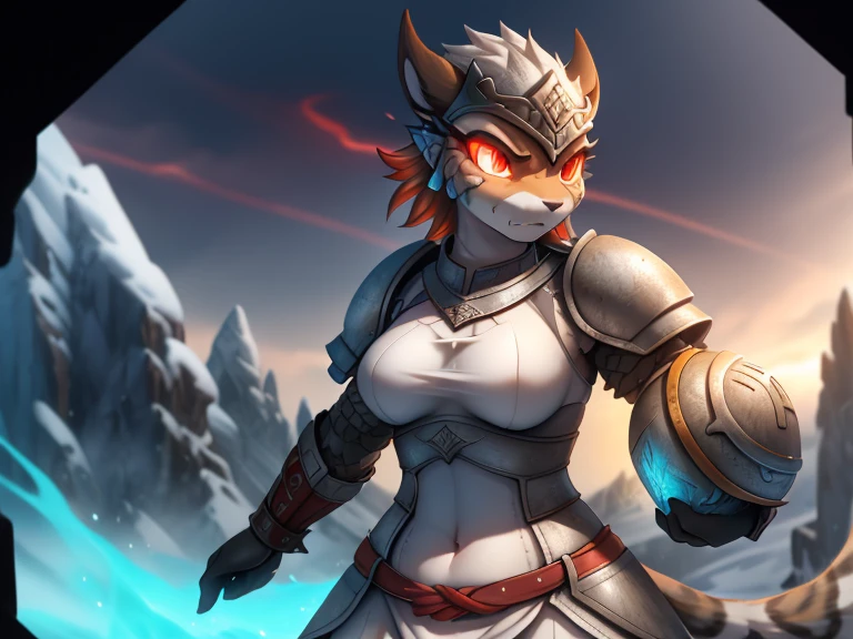 ((angry anthro snow leopard female wearing epic viking armor with runes and a helmet )), (red glowing eyes) ,RAW photo, (epic ice Jotunheim landscape),(fighting ice giant) masterpiece, Nordic, smoke, best quality, dynamic pos, ultra detailed, metal plates, rust, full bodyt, light trail, dramatic lighting, red tone, short_hair, Photorealistic, Hyperrealistic, Hyperdetailed, analog style,soft lighting, subsurface scattering, realistic, heavy shadow, masterpiece, best quality, ultra realistic, 8k, High Detail, film photography, soft focus, (closeup to face), high quality photography, 3 point lighting, flash with softbox, 4k, Canon EOS R3, hdr, smooth, sharp focus, high resolution, award winning photo, 80mm, f2.8, bokeh , detailed, realistic, 8k uhd, high quality