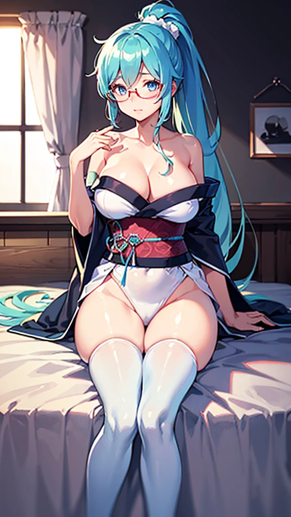 hatunemiku VOCALOID, ponytail, light blue eyes, light blue hair, , kimono, bedroom, white stockings, (()), 8K CG, Top Quality, Best Image Quality, 2D digital illustration, 1cute girl,  girl, glasses