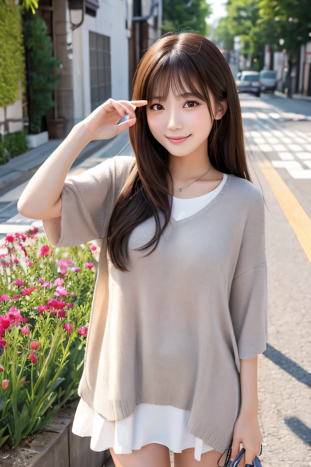 Produce the highest quality and highest resolution 8K images。The model is a 20-year-old Japanese woman.。The image depicts her posing and smiling for the camera.。She has brown eyes and a model figure.、She has an idol-level cute face.。The hair is long。Skin has a healthy color。Clothes、6Dressed for the month。