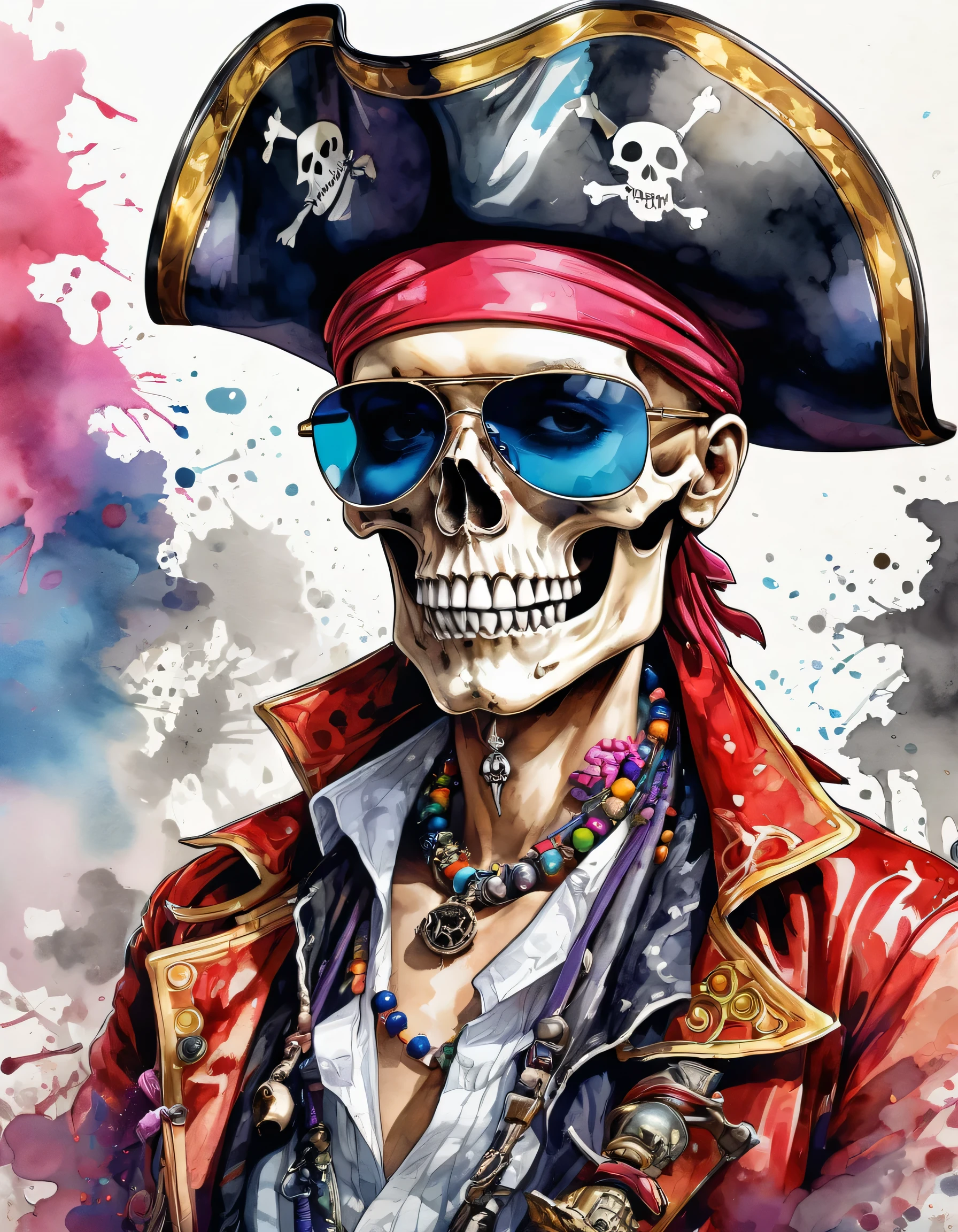 Eiichiro Oda Style、(((stylish fashion))), 8K Quality、Intense watercolor, Detailed watercolor art, Watercolor splash, Surreal, avant-garde pop art, Beautiful and expressive paintings, Beautiful artwork illustration, Very colorful tones, wonderful, Cool beauty, highest quality、Official Art, Vector art, Stylish design, (((The Strongest SKULL Pirate in History))), (((Stylish sunglasses))), (((pirate ship))), (((highest quality))), HDR, ((detailed)), (((Doodle Art)), ((masterpiece)), ((Super detailed)), (((skull fashion))), (((Stylish))),