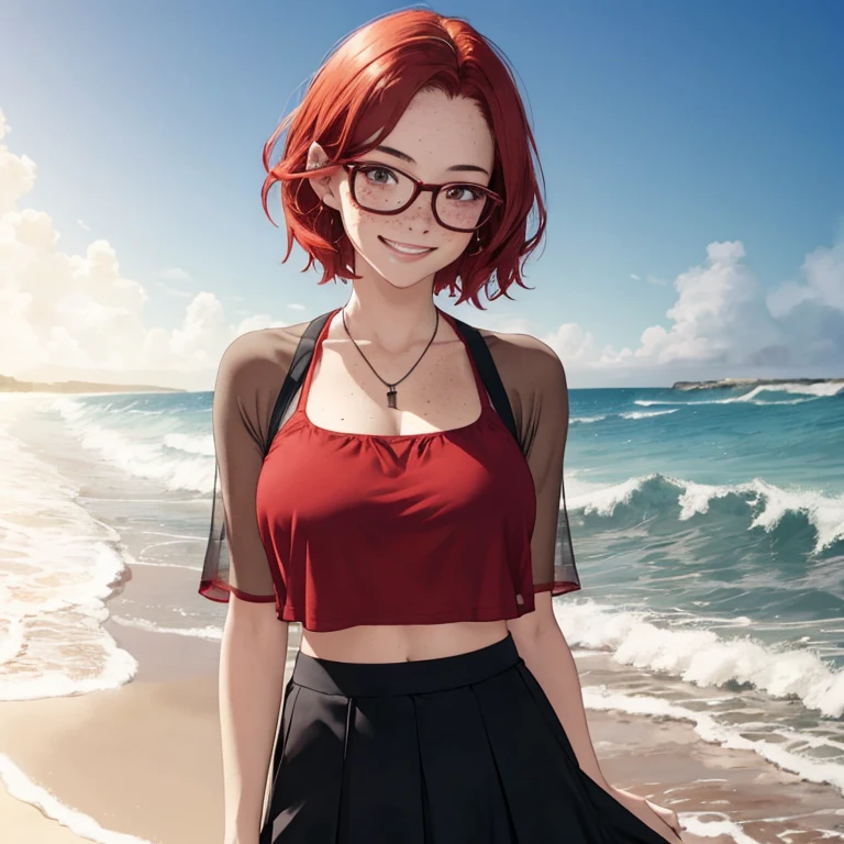 young woman, short red hair, glasses, freckles, smiling, lifting skirt, sheer under chest top, ocean beach, huge waves, moonlight