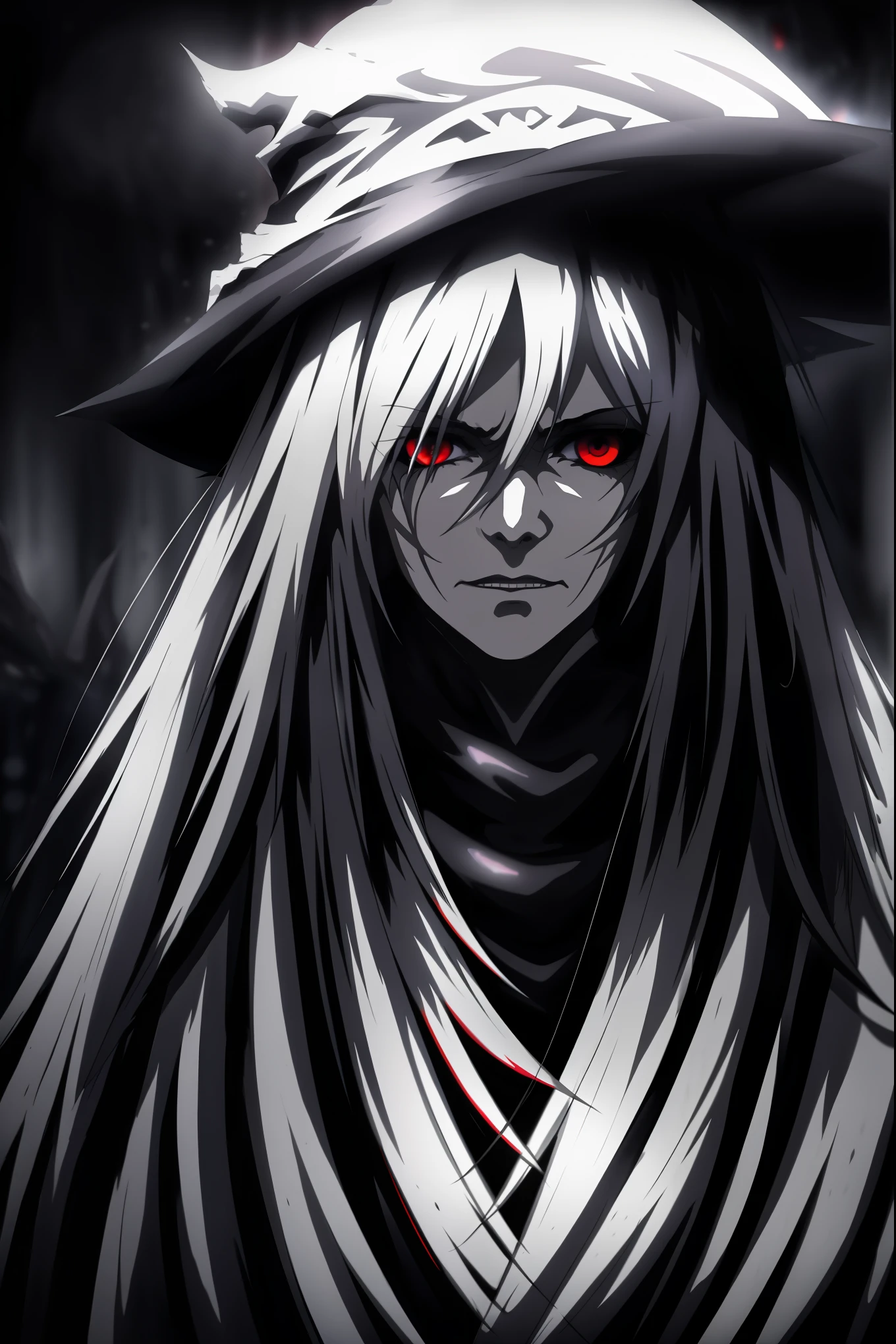 Grim Reaper, dark cloak, scythe, long white hair, red eyes, cold expression, black background, dynamic blur, lighting effects, high contrast, dark and sinister style, rich details, surrealism, (best quality, 4k, 8k, highres, masterpiece:1.2), ultra-detailed, (realistic, photorealistic, photo-realistic:1.37), HDR, studio lighting, extreme detail description, professional, vivid colors, bokeh, portraits, horror, (sharp focus:1.1)