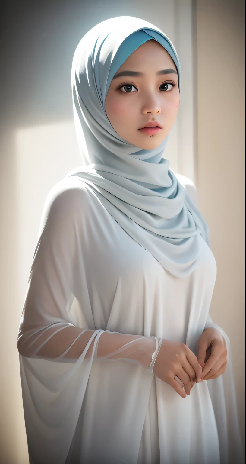 Craft an outstanding portrait that celebrates the beauty and individuality of a Malay girl in a hijab. Showcase her personality and story through creative composition and lighting. Use natural light or unique artificial lighting to add depth and character to the portrait. Pay attention to the details of her hijab, wet thin white clothing full body, and accessories, highlighting their textures and colors. Encourage the subject to express her emotions and character through her gaze and pose, creating a compelling and empowering portrait that captures her strength and uniqueness.