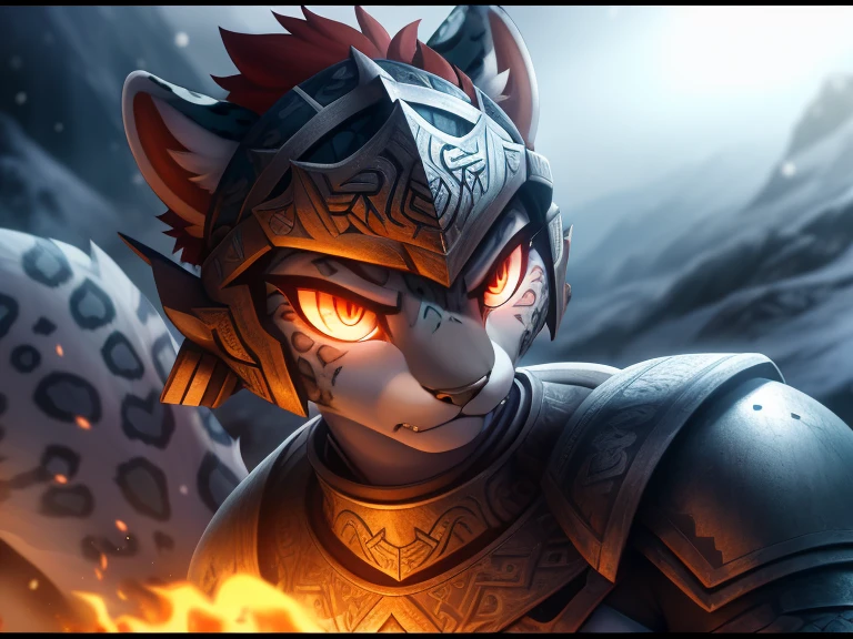 ((angry anthro snow leopard female wearing epic viking armor with runes and a helmet )), (red glowing eyes) ,RAW photo, (epic ice Jotunheim landscape),(fighting ice giant) masterpiece, Nordic, smoke, best quality, dynamic pos, ultra detailed, metal plates, rust, full bodyt, light trail, dramatic lighting, red tone, short_hair, Photorealistic, Hyperrealistic, Hyperdetailed, analog style,soft lighting, subsurface scattering, realistic, heavy shadow, masterpiece, best quality, ultra realistic, 8k, High Detail, film photography, soft focus, (closeup to face), high quality photography, 3 point lighting, flash with softbox, 4k, Canon EOS R3, hdr, smooth, sharp focus, high resolution, award winning photo, 80mm, f2.8, bokeh , detailed, realistic, 8k uhd, high quality