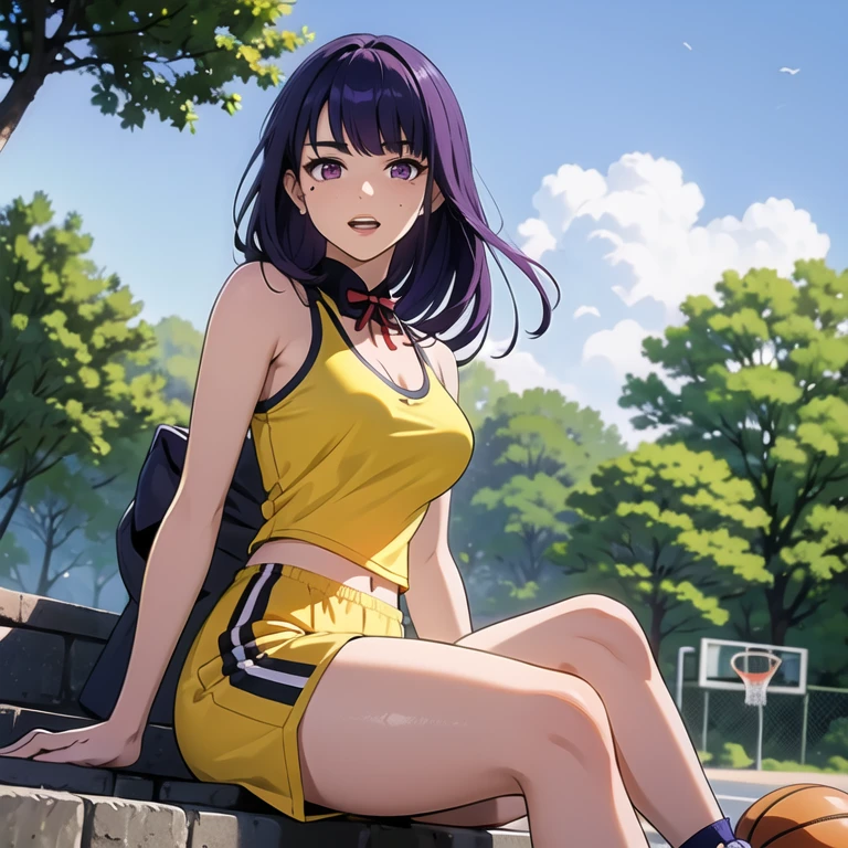 raiden shogun,((best quality)), ((masterpiece)), (detailed), perfect face,1girl, solo, long hair, looking at viewer, blush, shirt, purple hair, brown eyes, upper body, teeth,, mole, mole on neck,1girl, solo, breasts, looking at viewer, shirt, black hair, breasts, sitting, outdoors,sky, shorts, sleeveless, alternate costume, tree, hand between legs, yellow shirt, sportswear, gym shorts, basketball uniform, yellow tank top,number 3,sweat,jersey numbber 3,full body,1girl, solo, long hair, breasts, looking at viewer, bangs, large breasts, bare shoulders, sitting, purple eyes, purple hair, outdoors, sky, shoes, teeth, day, pants, mole, tree, mole under eye, grass, sneakers, sportswear, basketball