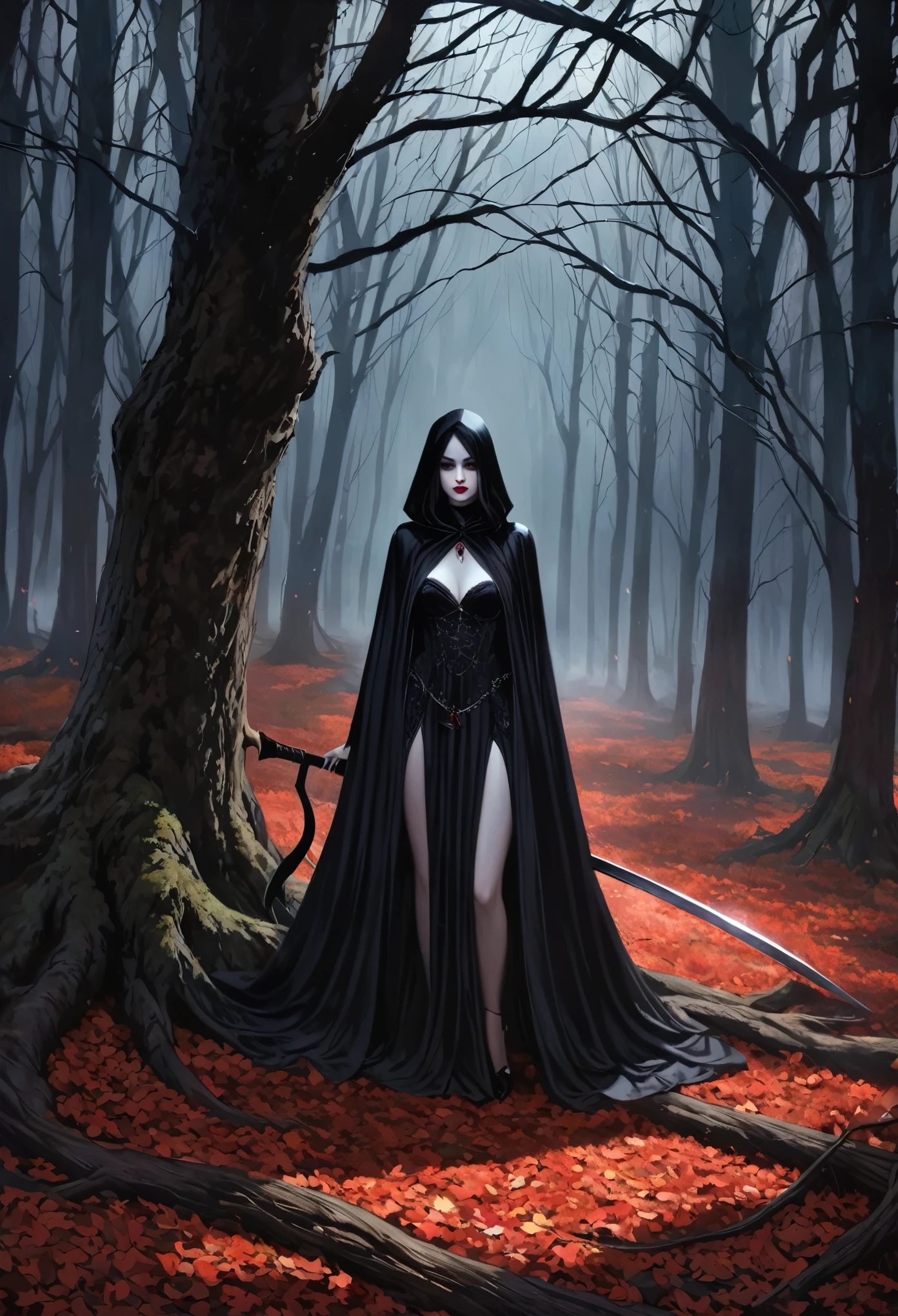 In a forest,(dark atmosphere),(misty fog),(ominous shadows),a girl wearing a black cloak and holding a large scythe is standing. The girl has pale skin and (piercing gray eyes). Her lips are (blood-red) and her long black hair is flowing in the wind. She has a (mysterious and intense expression) on her face. The forest is (densely populated with tall trees) that cast eerie shadows on the ground. The girl is positioned on a rock surrounded by (fallen leaves) and (twisted tree roots), creating a sense of (ancient and supernatural power). The scene is (dimly lit) with (moonlight piercing through the branches), giving a (ghastly and haunting ambiance). The artwork is (highly detailed) with (fine brushstrokes) that capture every intricate detail in the girl's features and the surroundings. The colors are (dark and muted), emphasizing the eerie atmosphere. The light and shadows depict a (dramatic contrast) of light and darkness, adding depth and intensity to the artwork. The overall image quality is (best quality, highres, masterpiece:1.2) with (realistic, photorealistic:1.37) details that showcase the artist's skill and expertise. The artwork's style is (dark fantasy) with a (gothic aesthetic), enhancing the theme of the Black Reaper.xill