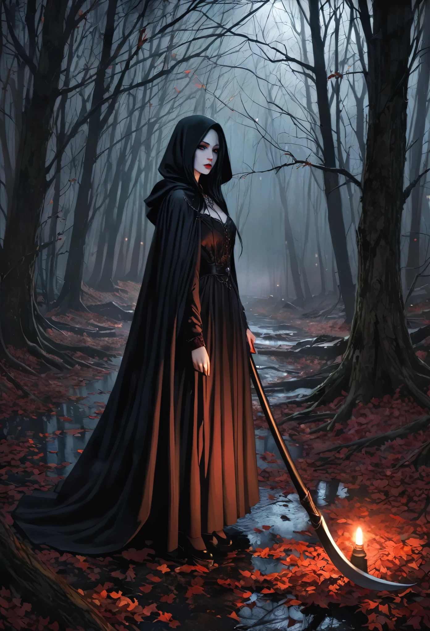 In a forest,(dark atmosphere),(misty fog),(ominous shadows),a girl wearing a black cloak and holding a large scythe is standing. The girl has pale skin and (piercing gray eyes). Her lips are (blood-red) and her long black hair is flowing in the wind. She has a (mysterious and intense expression) on her face. The forest is (densely populated with tall trees) that cast eerie shadows on the ground. The girl is positioned on a rock surrounded by (fallen leaves) and (twisted tree roots), creating a sense of (ancient and supernatural power). The scene is (dimly lit) with (moonlight piercing through the branches), giving a (ghastly and haunting ambiance). The artwork is (highly detailed) with (fine brushstrokes) that capture every intricate detail in the girl's features and the surroundings. The colors are (dark and muted), emphasizing the eerie atmosphere. The light and shadows depict a (dramatic contrast) of light and darkness, adding depth and intensity to the artwork. The overall image quality is (best quality, highres, masterpiece:1.2) with (realistic, photorealistic:1.37) details that showcase the artist's skill and expertise. The artwork's style is (dark fantasy) with a (gothic aesthetic), enhancing the theme of the Black Reaper.xill