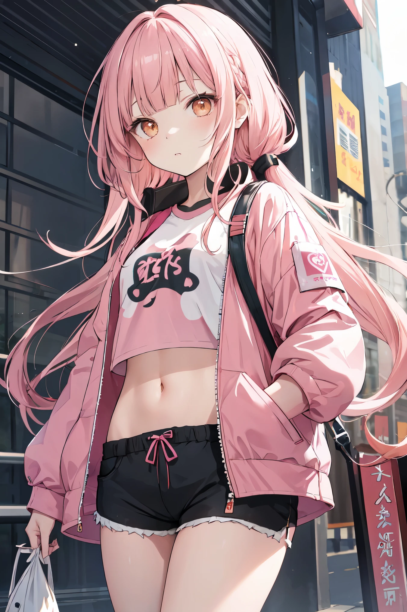 masterpiece, highest quality, Iroha Casual, Long Hair, Blunt bangs, Pink jacket, Cropped tops,Shorts
