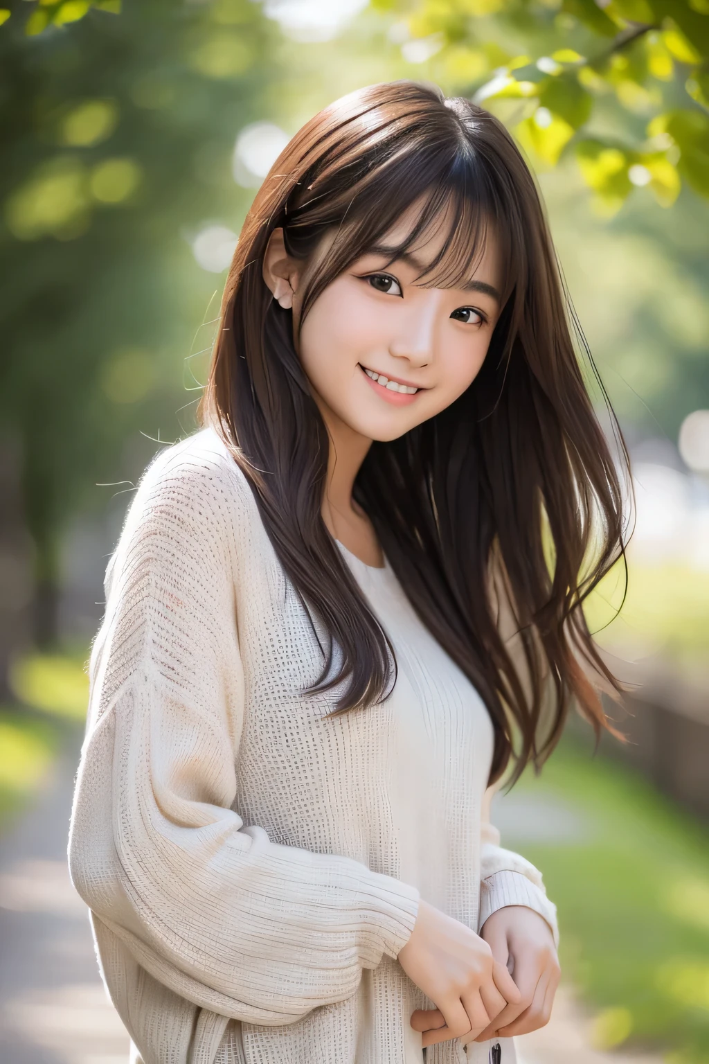 Produce the highest quality and highest resolution 8K images。The model is a 20-year-old Japanese woman.。The image depicts her posing and smiling for the camera.。She has brown eyes and a model figure.、She has an idol-level cute face.。The hair is wavy。Skin has a healthy color。Clothes、６Dressed for the month。