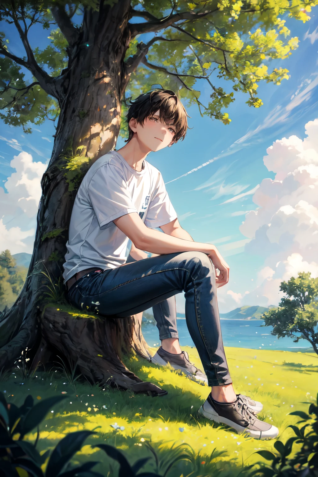 ((best quality)), ((masterpiece)), (detailed), Generate a serene, picturesque scene featuring a cute boy leaning casually against a tree. The boy has a friendly and gentle expression, with short, neatly styled hair and wearing casual, comfortable clothing such as a t-shirt and jeans and shoe. He is in the middle of a lush, green natural landscape, with vibrant grass and scattered wildflowers around him. The tree he is leaning against has a sturdy trunk and a full canopy of green leaves. The sky above is a clear, bright blue with a few fluffy white clouds drifting by. The overall atmosphere is peaceful and cheerful, capturing the beauty and tranquility of nature on a sunny day.