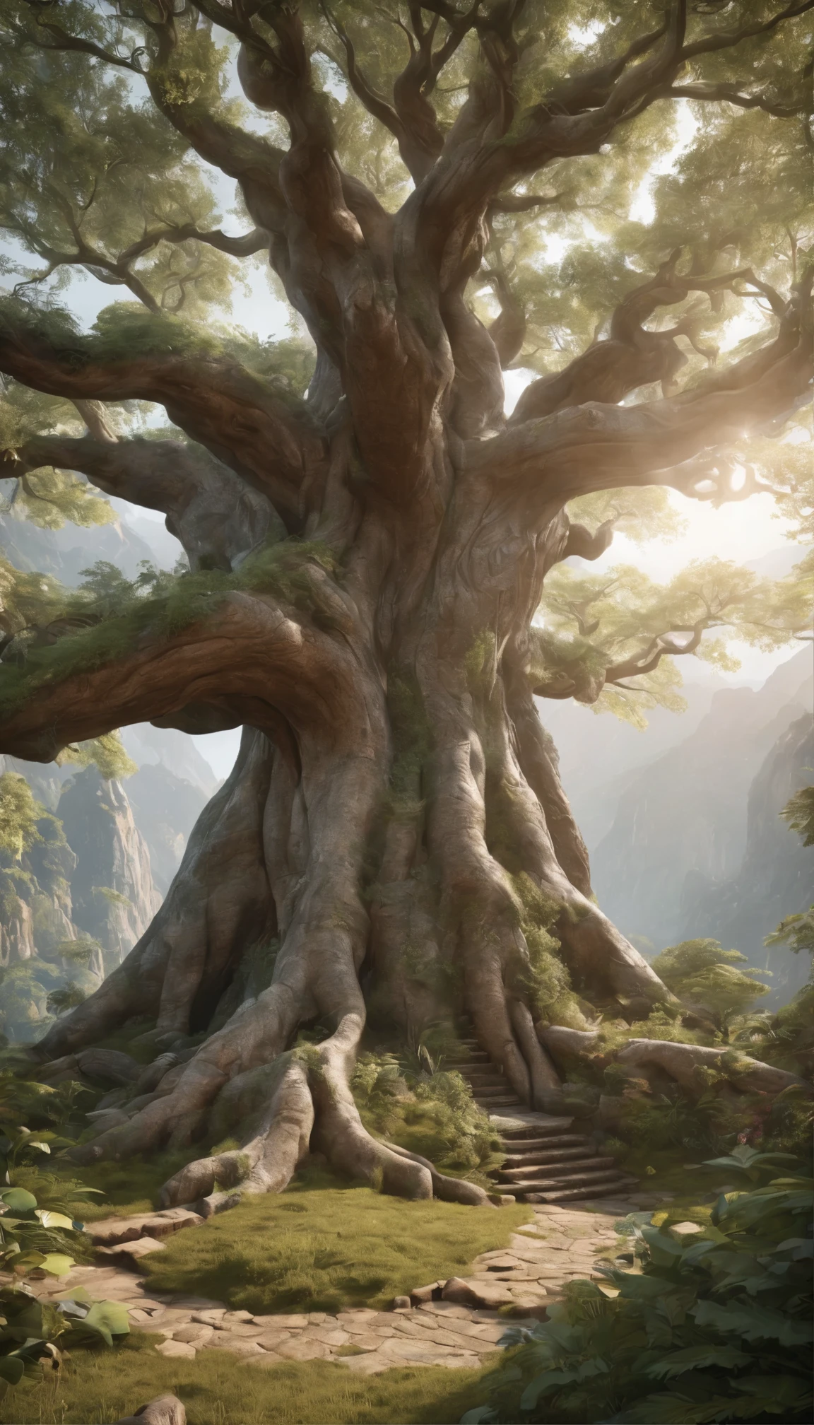 Zebaoth is an awe-inspiring, gigantic fantasy tree.、Ancient Mountain々It stands tall in the majestic panorama of。Cinematic lenses are、Wide angle captures the grandeur of the scene、Realistic and detailed depiction of the tree's complex bark and the diverse hues of its vast leaves。This breathtaking artwork has a resolution of 8K.、Currently trending on ArtStation、Aspect Ratio 2:It showcases the silky smooth movement of 3D animation framed in 1。Wood grain texture and rough carpet details