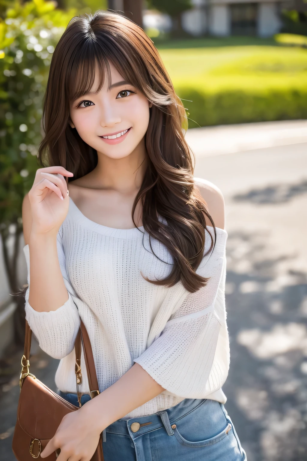 Produce the highest quality and highest resolution 8K images。The model is a 20-year-old Japanese woman.。The image depicts her posing and smiling for the camera.。She has brown eyes and a model figure.、She has an idol-level cute face.。The hair is wavy。Skin has a healthy color。Clothes、6Dressed for the month。
