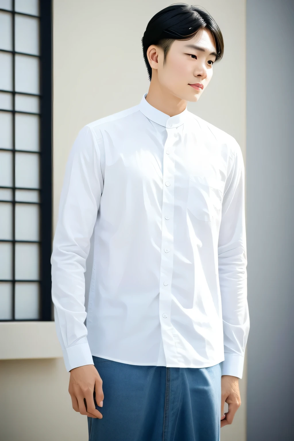 20th Generation, High Resolution Masterpiece: 1.5, Inspired by Thai actor Win Metawin, Japanese Man, captivating, 30-year-old, defined jawline, tall stature, white dress shirt, distressed jeans, upper body seen from the side, long hairstyle, current trend, side parting, sleeves rolled up, confident pose, subtly showcasing his individuality, minimalist yet modern accessories, polished look, natural lighting, capturing the essence of modern Japanese masculinity.