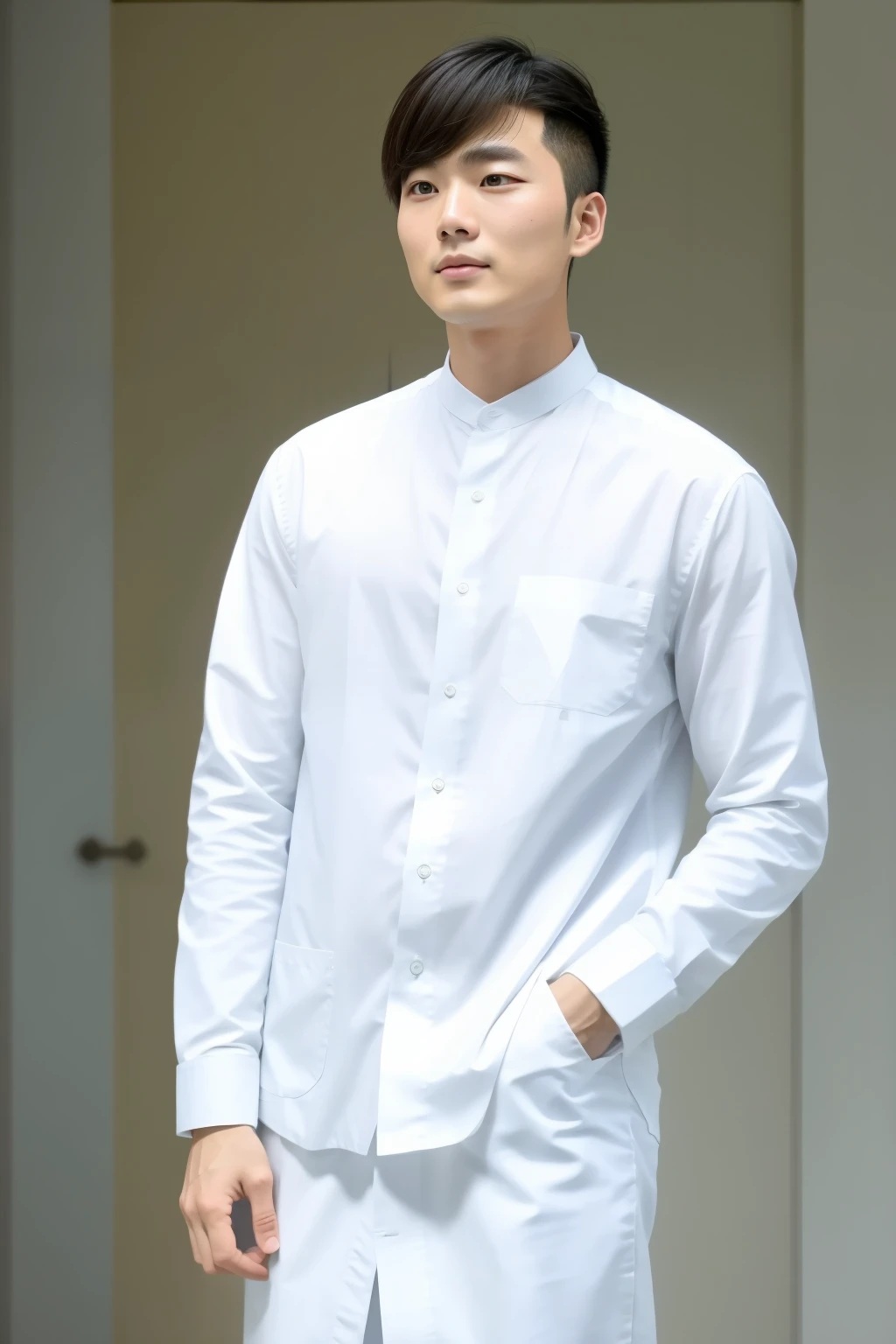 20th Generation, High Resolution Masterpiece: 1.5, Inspired by Thai actor Win Metawin, Japanese Man, captivating, 30-year-old, defined jawline, tall stature, white dress shirt, distressed jeans, upper body seen from the side, long hairstyle, current trend, side parting, sleeves rolled up, confident pose, subtly showcasing his individuality, minimalist yet modern accessories, polished look, natural lighting, capturing the essence of modern Japanese masculinity.