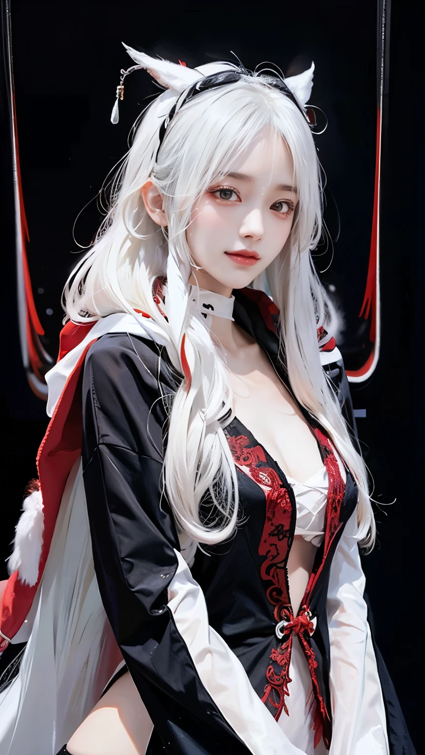 Long white hair - Red eyes - Black hair accessory - Hoodie - Elegant - Mysterious - Less revealing - Modest - Unique - Smiling - Attractive - Presence
