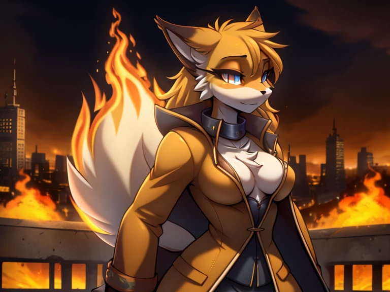 fox, anthro, female, fur coat, (best quality), (detailed fire urban background:1.2), dramatic lighting, (detailed fluffy fur:1.1), (fantasy:1.2)