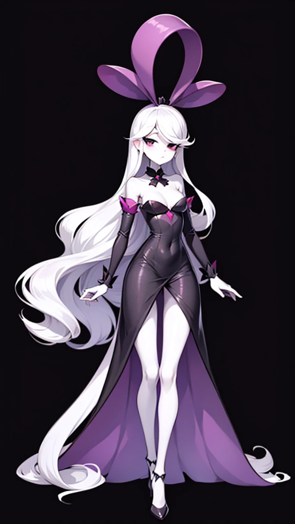 Fullbody pose complete, tall Girl, simple style she is perfil, antique 50's elegant, long dress, purple clothes, hazbin hotel style, helluva boss style, white skin, all black eyes, thin body, cartoon hazbin hotel, Scleriota is black, cartoon hazbin hotel, simple style, thin body, tall body, long neck, wavy hair, thin face,