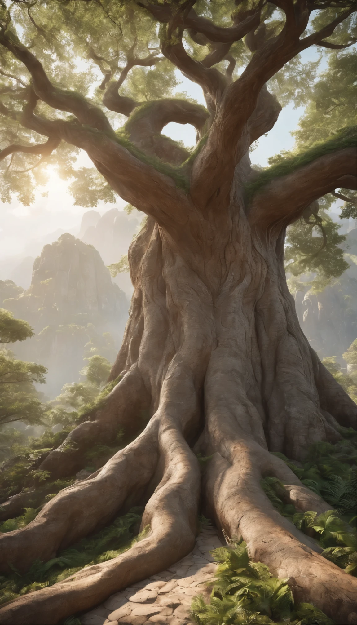 Zebaoth is an awe-inspiring, gigantic fantasy tree.、Ancient Mountain々It stands tall in the majestic panorama of。Cinematic lenses are、Wide angle captures the grandeur of the scene、Realistic and detailed depiction of the tree's complex bark and the diverse hues of its vast leaves。This breathtaking artwork has a resolution of 8K.、Currently trending on ArtStation、Aspect Ratio 2:It showcases the silky smooth movement of 3D animation framed in 1。Wood grain texture and rough carpet details