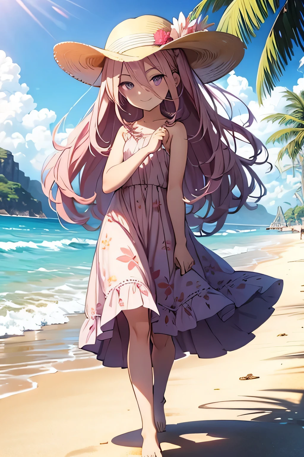 long pink hair, high ponytail, purple eyes, mischievous smile, wearing a light, flowing sundress with floral patterns, beach setting, standing barefoot on the sand, gentle waves in the background, bright sunlight, holding a sunhat in one hand, playful and carefree expression, wind lightly blowing her hair and dress, seashells scattered on the sand, summer vibes, relaxed and joyful atmosphere