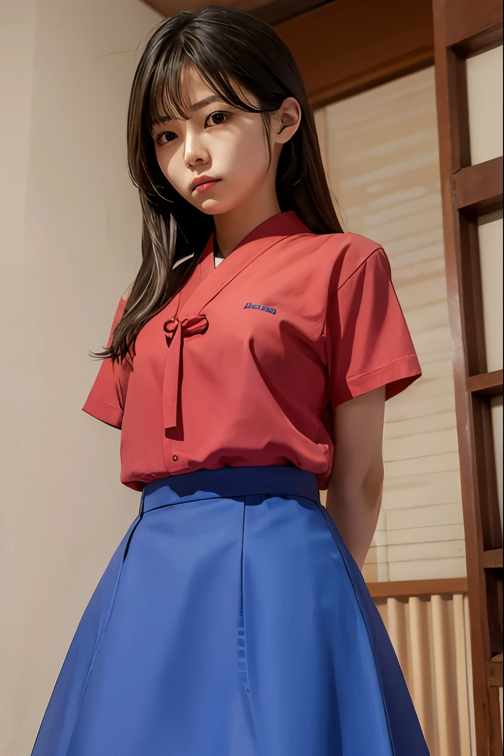 A woman is imprisoned and tied up、Japanese、Beauty、Inside the room、Are standing、Blue Skirt、Red short sleeve shirt、