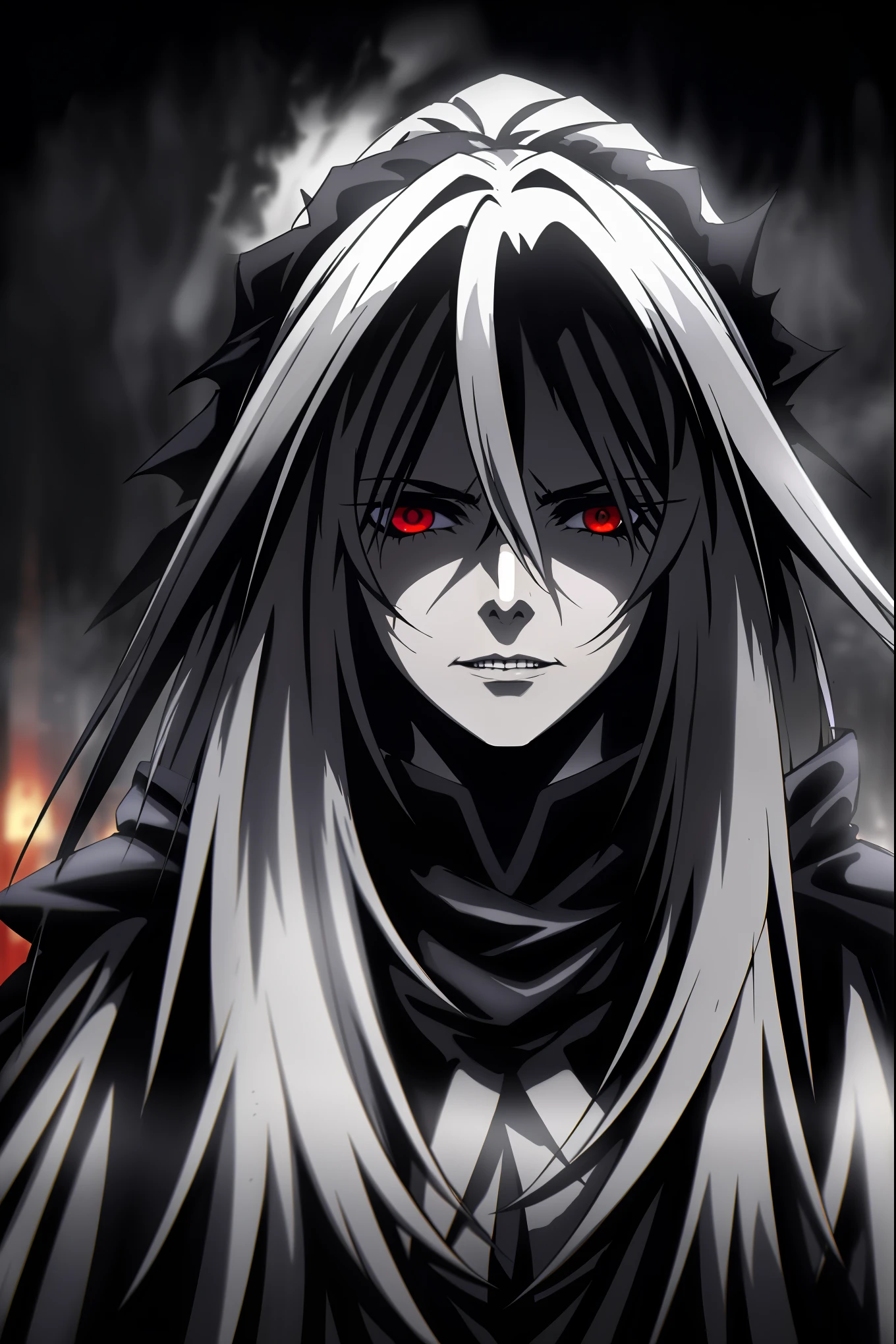 Grim Reaper, dark cloak, scythe, long white hair, red eyes, cold expression, black background, dynamic blur, lighting effects, high contrast, dark and sinister style, rich details, surrealism, (best quality, 4k, 8k, highres, masterpiece:1.2), ultra-detailed, (realistic, photorealistic, photo-realistic:1.37), HDR, studio lighting, extreme detail description, professional, vivid colors, bokeh, portraits, horror, (sharp focus:1.1)