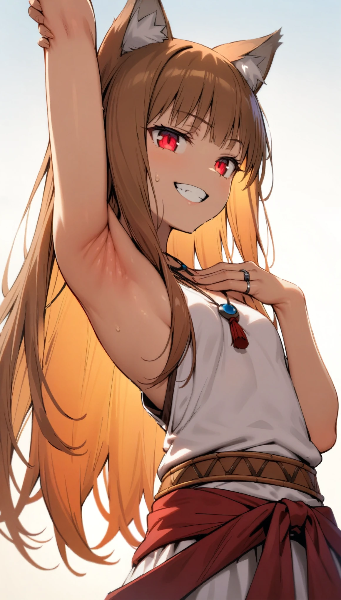 (masterpiece:1.2), hyper detail, best quality, (intricate_details:1.1), beautiful detailed, beautiful hair, solo,1girl, holo, /(spice and wolf/), wolf girl, detailed beautiful face and eyes, detailed red eyes, deep crimson eyes, detailed brown hair, intricate hair, long hair, animal ears, wolf ears,slim body, glowing eyes, small breasts, slender, slim,smiling with teeth, happy, medieval clothes,white short sleeves dress, red fabric belt, woven belt, ring accessory, The Promise of the Wise Wolf, Simple necklace, fabric ribbon,sweatin,from below,looking side,flipped hair,armpit,greasy armpit,from side,((armpit focus)),((upper body)),five fingers,five fingers,((greasy armpit)),((smooth armpit)),((Pupil details)),backlighting,((Stretch oneself)),((hand on chest)),((five fingers)),((Detailed armpit)),((elastic armpit)),((soft armpit)),pov,white background,simple background