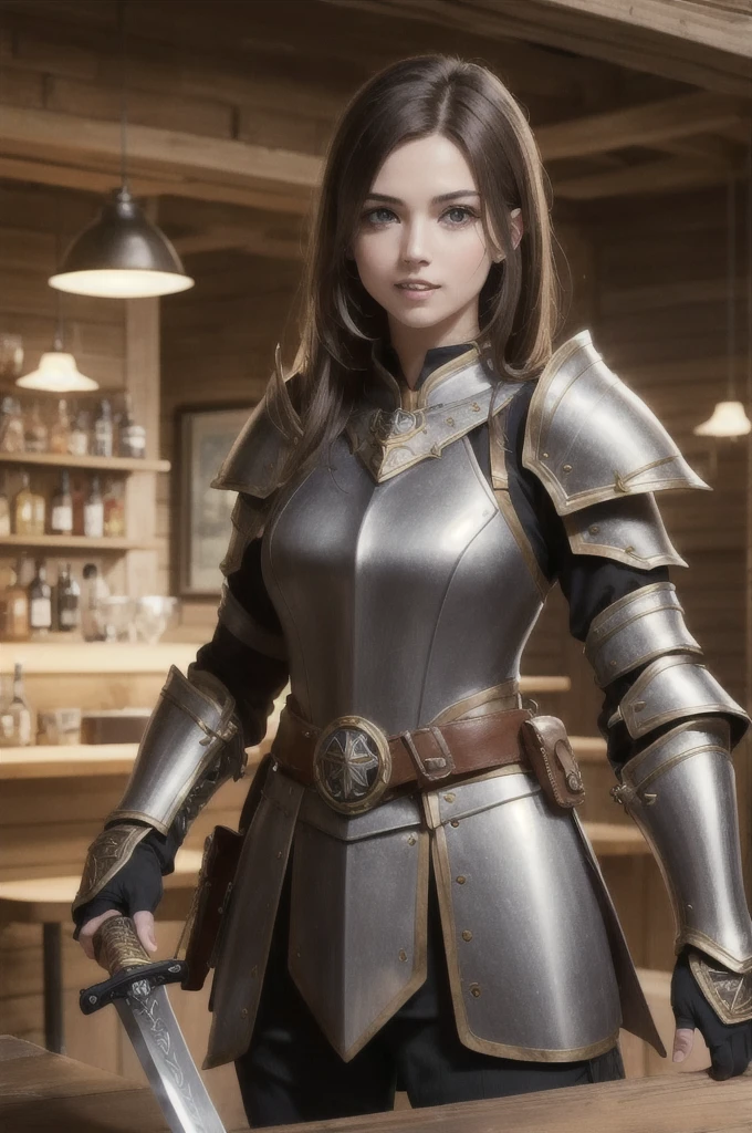 (Skin dentition:1.5), Practical, photoPractical, (masterpiece:1.5), concept art, Intricate details, Very detailed, Octane Rendering, 8K, Unreal Engine, Dynamic poses, best quality, High resolution, ((Dramatic)), epic, Depth of Field, 8K, particle, (Practical Face:1.1, hyperPractical:1.1), ((1 Girl, close up, Medium breasts, perfect eyes, delicate eyes, High quality eyes, perfect_Face, high quality Face, shiny skin:1.2, shiny Face:1.2, Awkward, blush:0.8)), server, Country style pub interior as background, pitcher, symbol, jovial fantasy atmosphere, Detailed background, Blurred wooden bar counter as foreground, (((brown hair, Amber eyes, perfect hands))), ((warrior, sword, spear, shield, armor, helmet, belt, pouch, boots, challenge, Cloak, Wristband, amulet, Oil residue, war paint, Talisman))