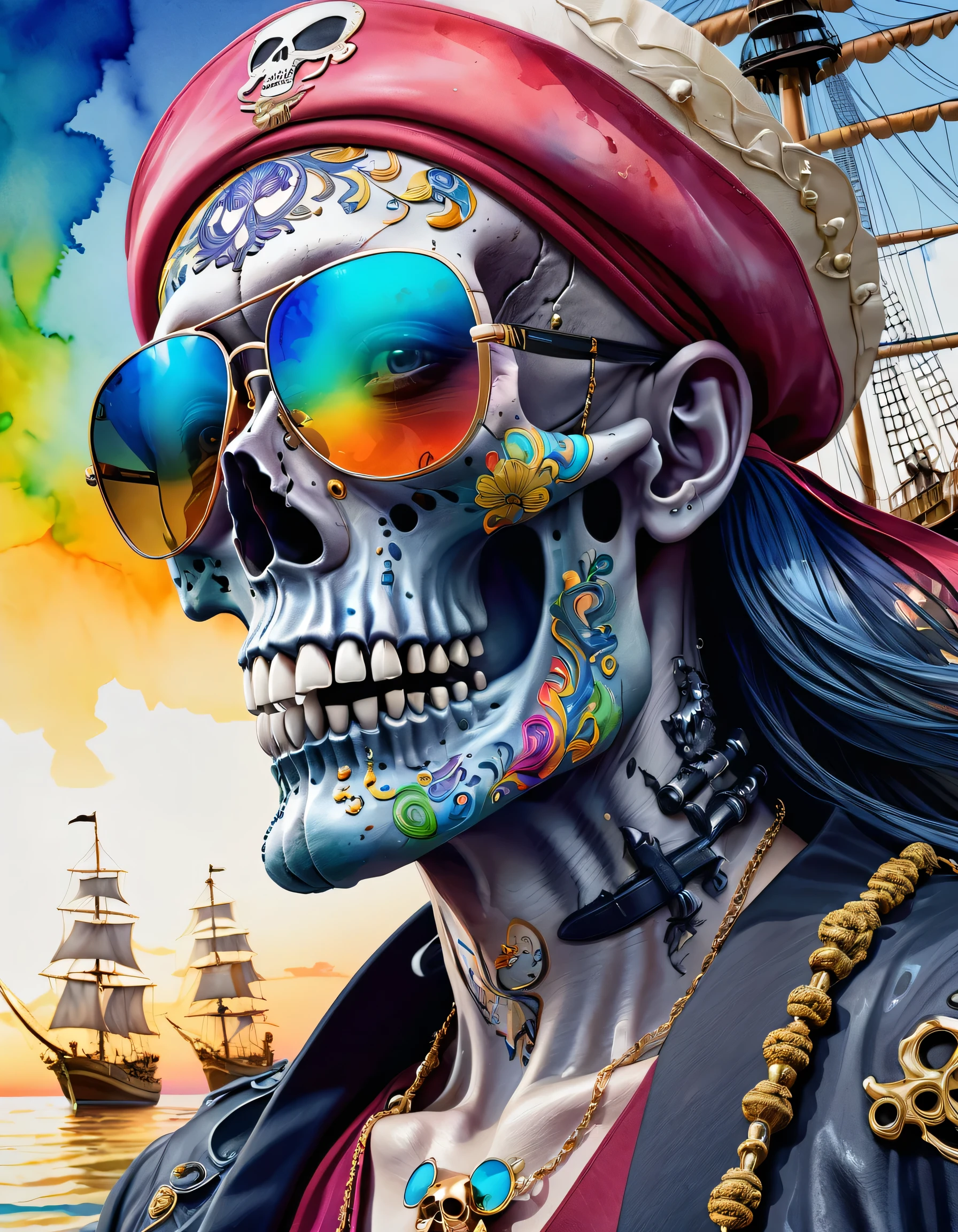 Eiichiro Oda Style、(((stylish fashion))), 8K Quality、Intense watercolor, Detailed watercolor art, Watercolor splash, Surreal, avant-garde pop art, Beautiful and expressive paintings, Beautiful artwork illustration, Very colorful tones, wonderful, Cool beauty, highest quality、Official Art, Vector art, Stylish design, (((The Strongest SKULL Pirate in History))), (((Stylish sunglasses))), (((pirate ship))), (((highest quality))), HDR, ((detailed)), (((Doodle Art)), ((masterpiece)), ((Super detailed)), (((skull fashion))), (((Stylish))),