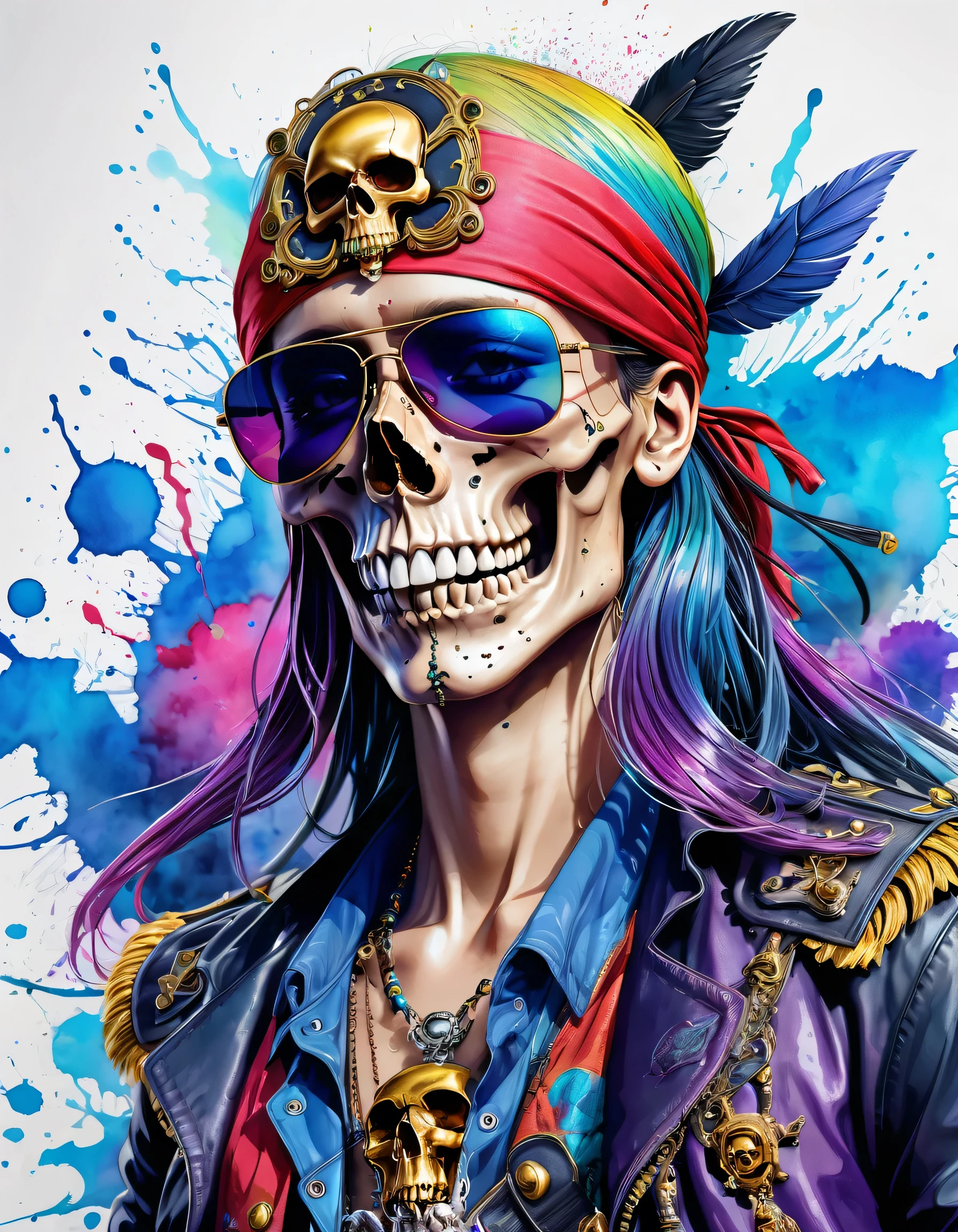 Eiichiro Oda Style、(((stylish fashion))), 8K Quality、Intense watercolor, Detailed watercolor art, Watercolor splash, Surreal, avant-garde pop art, Beautiful and expressive paintings, Beautiful artwork illustration, Very colorful tones, wonderful, Cool beauty, highest quality、Official Art, Vector art, Stylish design, (((The Strongest SKULL Pirate in History))), (((Stylish sunglasses))), (((pirate ship))), (((highest quality))), HDR, ((detailed)), (((Doodle Art)), ((masterpiece)), ((Super detailed)), (((skull fashion))), (((Stylish))),