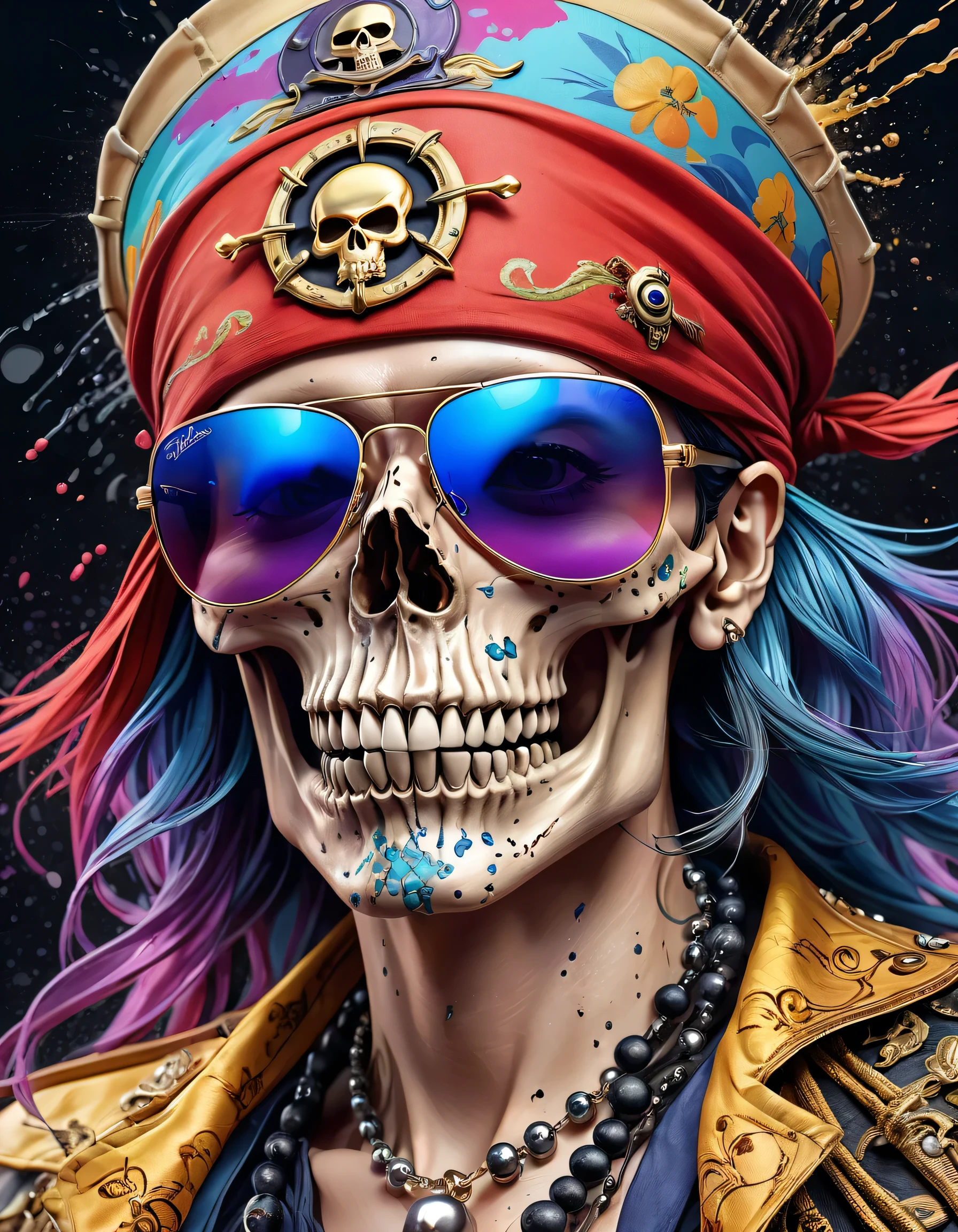 Eiichiro Oda Style、(((stylish fashion))), 8K Quality、Intense watercolor, Detailed watercolor art, Watercolor splash, Surreal, avant-garde pop art, Beautiful and expressive paintings, Beautiful artwork illustration, Very colorful tones, wonderful, Cool beauty, highest quality、Official Art, Vector art, Stylish design, (((The Strongest SKULL Pirate in History))), (((Stylish sunglasses))), (((pirate ship))), (((highest quality))), HDR, ((detailed)), (((Doodle Art)), ((masterpiece)), ((Super detailed)), (((skull fashion))), (((Stylish))),