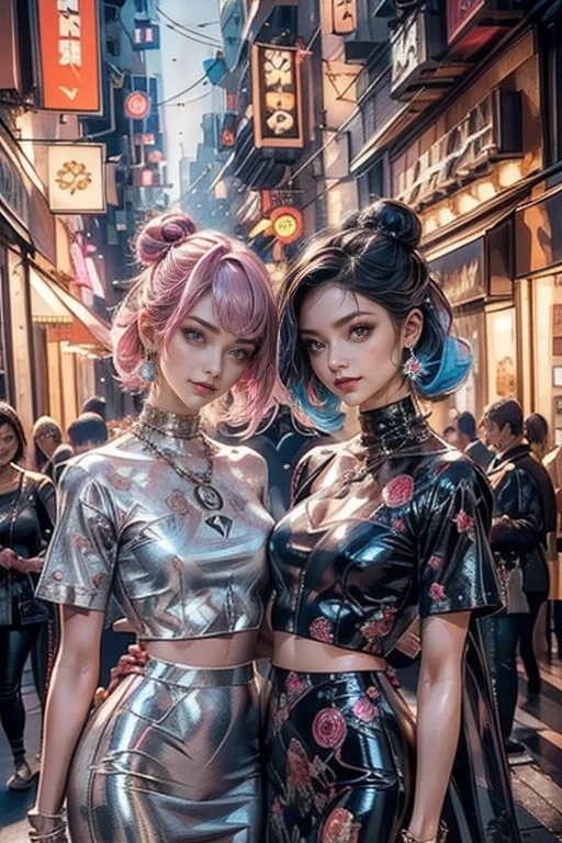 highest quality, Very detailed, masterpiece, Two women posing,(((Perfect female body))),Very beautiful face, Very beautiful body,Gentle expression, Very beautiful eyes,(Perfect Makeup:1.1),Fashion Model,Pop Art,Cyberpunk Fashion, Mullet Cut,Shaggy Hair,pink and blue hair:1.3, Very thin body,Smart Abs,((Monogram pattern:1.3)),Various gradations,Fishnet blouse,Long pencil skirt,LED Light,Two-tone high top boots,A kind smile,Upper body portrait,(Cyber City:1.3), (Shiny skin),(Earrings),Elegant scarves,See-through long shawl,Liquid Metal,gas mask,