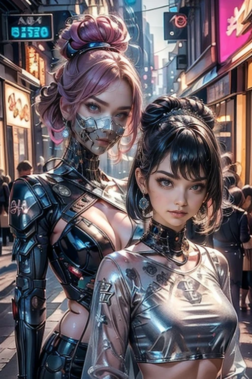 highest quality, Very detailed, masterpiece, Two women posing,(((Perfect female body))),Very beautiful face, Very beautiful body,Gentle expression, Very beautiful eyes,(Perfect Makeup:1.1),Fashion Model,Pop Art,Cyberpunk Fashion, Mullet Cut,Shaggy Hair,pink and blue hair:1.3, Very thin body,Smart Abs,((Monogram pattern:1.3)),Various gradations,Fishnet blouse,Long pencil skirt,LED Light,Two-tone high top boots,A kind smile,Upper body portrait,(Cyber City:1.3), (Shiny skin),(Earrings),Elegant scarves,See-through long shawl,Liquid Metal,gas mask,
