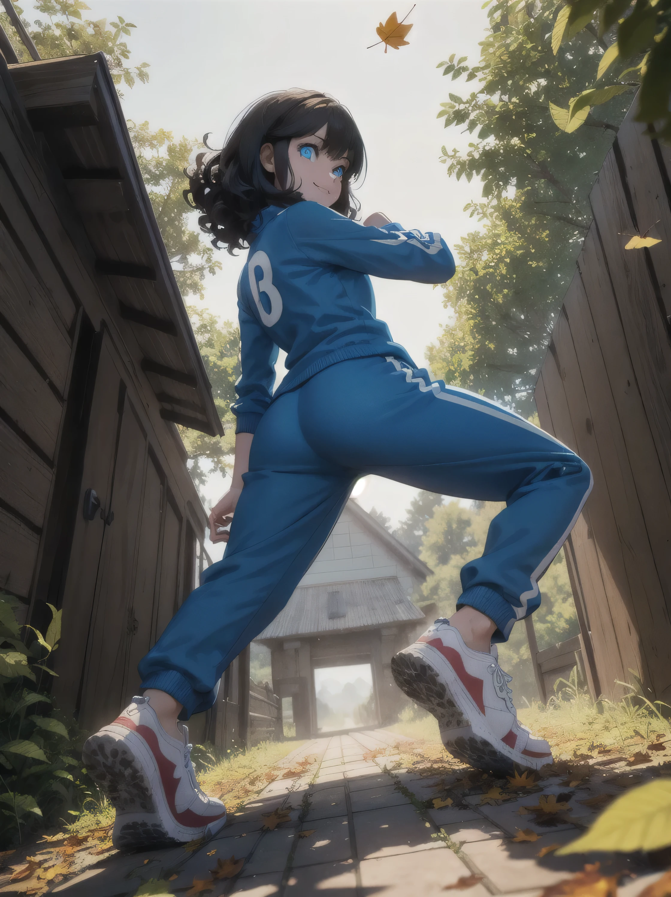 1girl, angry, curly hair, looking at viewer,(beautiful detailed blue eyes), (Persona:1.2),, spread legs,(amagi_yukiko), squatting, (over size Colorful track suit pants),(), line off, smile, (((highlight in eyes))), (((small mat))), (((Narrow gravel road))), (thick outline), Mud road, ((Crouch on a muddy doormat)), (glowing eyes), ((Arch your back)), (from below:1.6), long weeds, (from behind:1.3), blue sky, (A girl stepping on fallen leaves:1.6), (A large amount of fallen leaves stuck to the soles of shoes:1.2),(3D:1.3), sneakers