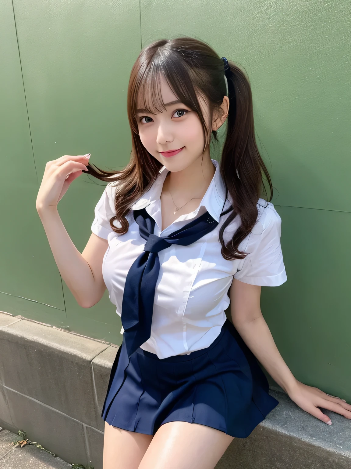 highest quality、Blonde、figure、 Blonde、Cleavage、Ultra-detailed、High resolution、8k wallpaper、Perfect dynamic composition,、Beautiful fine details、Natural color lip、Bold sexy pose、smile、17-year-old girl、cute、Sexy shot looking at the camera、(highest quality: 1.3), (masterpiece: 1.3), (Super Detail: 1.3), (One Girl: 1.1), (Detailed hands and fingers:1.2)、(Ultra-oily, lustrous skin with attention to detail:1.1)、Oily shiny knee socks、(The perfect school girl uniform:1.3)、Short-sleeved shirt with front opening、Cleavage、sexy、(Beautiful shapely small breasts:1.3)、(Red mini skirt:1.2)、I can see your thighs、Brown Hair、Twin tails、Beautiful sister、Yellow wall,sexy、I can see your thighs、