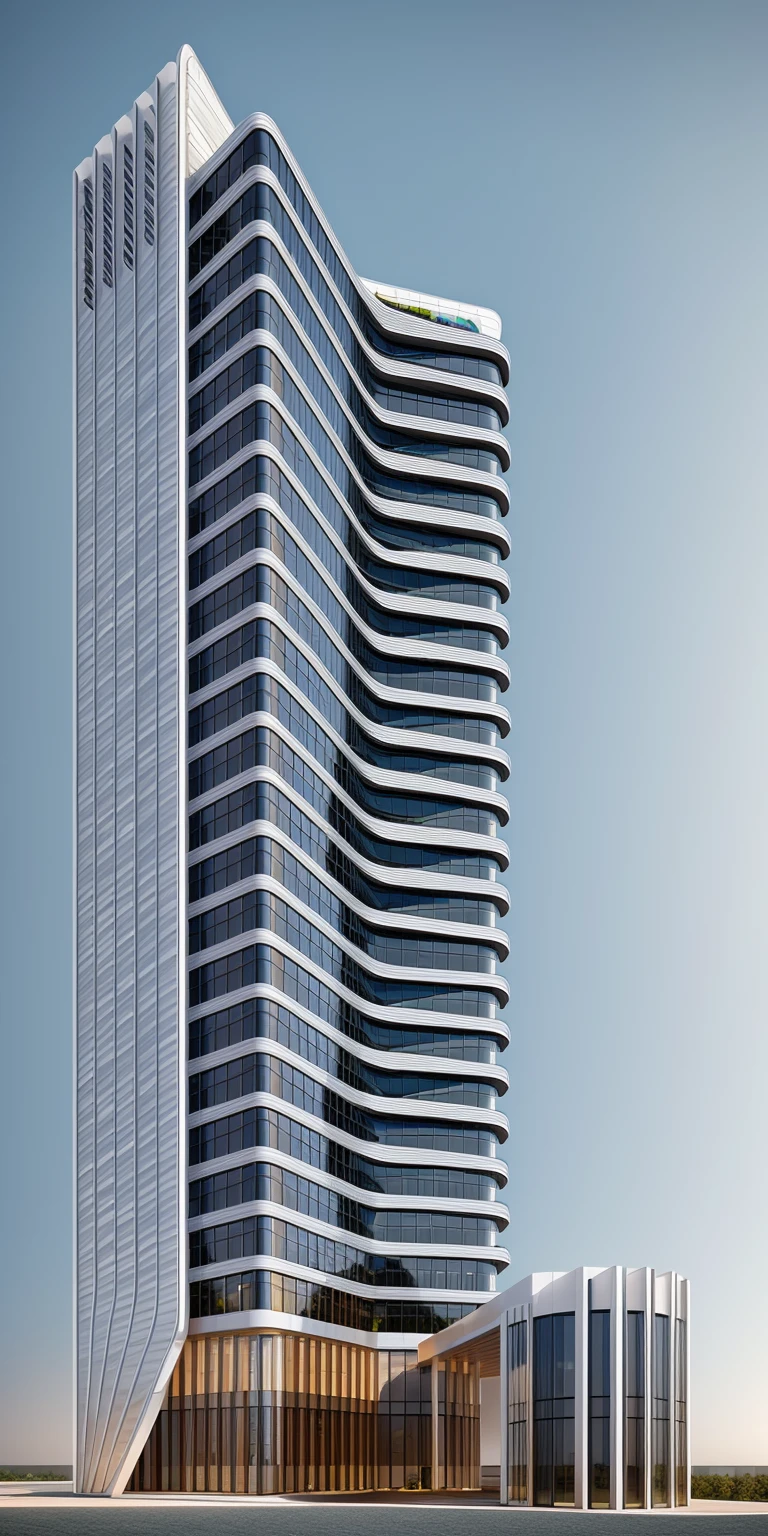 (masterpiece, best quality:1.2), rendering of a modern office building ,hotel, office building ,city landscape, white wall,  black glass window