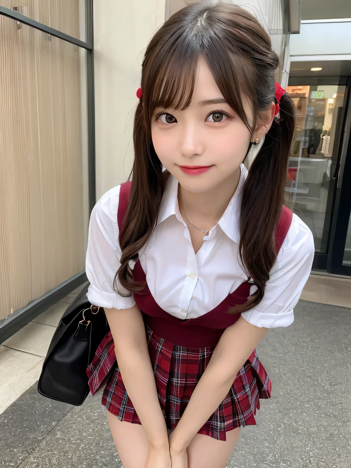 highest quality、Blonde、figure、 Blonde、Cleavage、Ultra-detailed、High resolution、8k wallpaper、Perfect dynamic composition,、Beautiful fine details、Natural color lip、Bold sexy pose、smile、17-year-old girl、cute、Sexy shot looking at the camera、(highest quality: 1.3), (masterpiece: 1.3), (Super Detail: 1.3), (One Girl: 1.1), (Detailed hands and fingers:1.2)、(Ultra-oily, lustrous skin with attention to detail:1.1)、Oily shiny knee socks、(The perfect school girl uniform:1.3)、Short-sleeved shirt with front opening、Cleavage、sexy、(Beautiful shapely small breasts:1.3)、(Red mini skirt:1.2)、I can see your thighs、Brown Hair、Twin tails、Beautiful sister、Yellow wall,sexy、I can see your thighs、