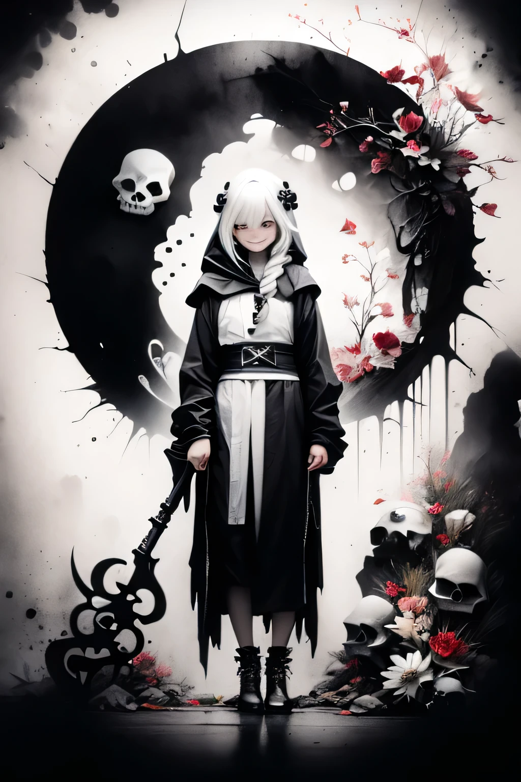 solo,1female\(grim reaper,cute,kawaii,age of 10,hair color white,braid hair,messy hair,eye color dark,big eyes,white skin,big smile,enjoy,full body,wearing Grim Reaper's black Robe,(black hood),holding scythe,skip,flower hair ornament,white hair,(body transparent:0.8),dynamic pose\),background\((black sky:1.5),(skulls:1.3),(withered flowers all over the ground),(red water)\), BREAK ,quality\(8k,wallpaper of extremely detailed CG unit, ​masterpiece,high resolution,top-quality,top-quality real texture skin,hyper realisitic,increase the resolution,RAW photos,best qualtiy,highly detailed,the wallpaper\)