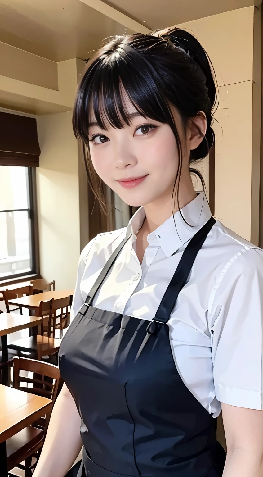 (highest quality,masterpiece:1.3,Ultra-high resolution,),(Very detailed,Caustics),(Photorealistic:1.4,RAW shooting,)Ultra-Realistic Capture,Very detailed,High resolution 16K human skin closeup。 Natural skin texture、,Pores、、、、It must be detailed enough to be easily identifiable。 Skin tone is even and healthy looking。 Use natural light and color,restaurant,Waitress Uniform,1 girl,Japanese,18-year-old,cute,Black-haired,ponytail,Big Breasts,smile,Turn your body forward,(Front view:1.1),Looking at the camera,Cowboy Shot,